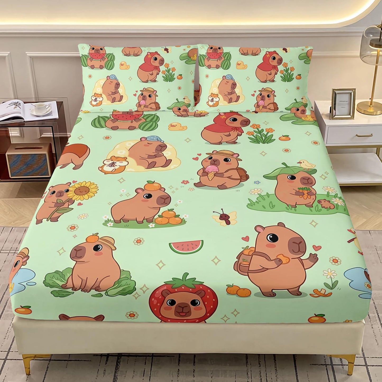 AILONEN Kawaii Capybara Fitted Sheet Set Twin Size, Boys Girls Cartoon Cute Capybara Bedding Set for Kids Teens,Grass Green Bed Sheet Set,1 Fitted Sheet + 2 Pillowcases,3 Piece
