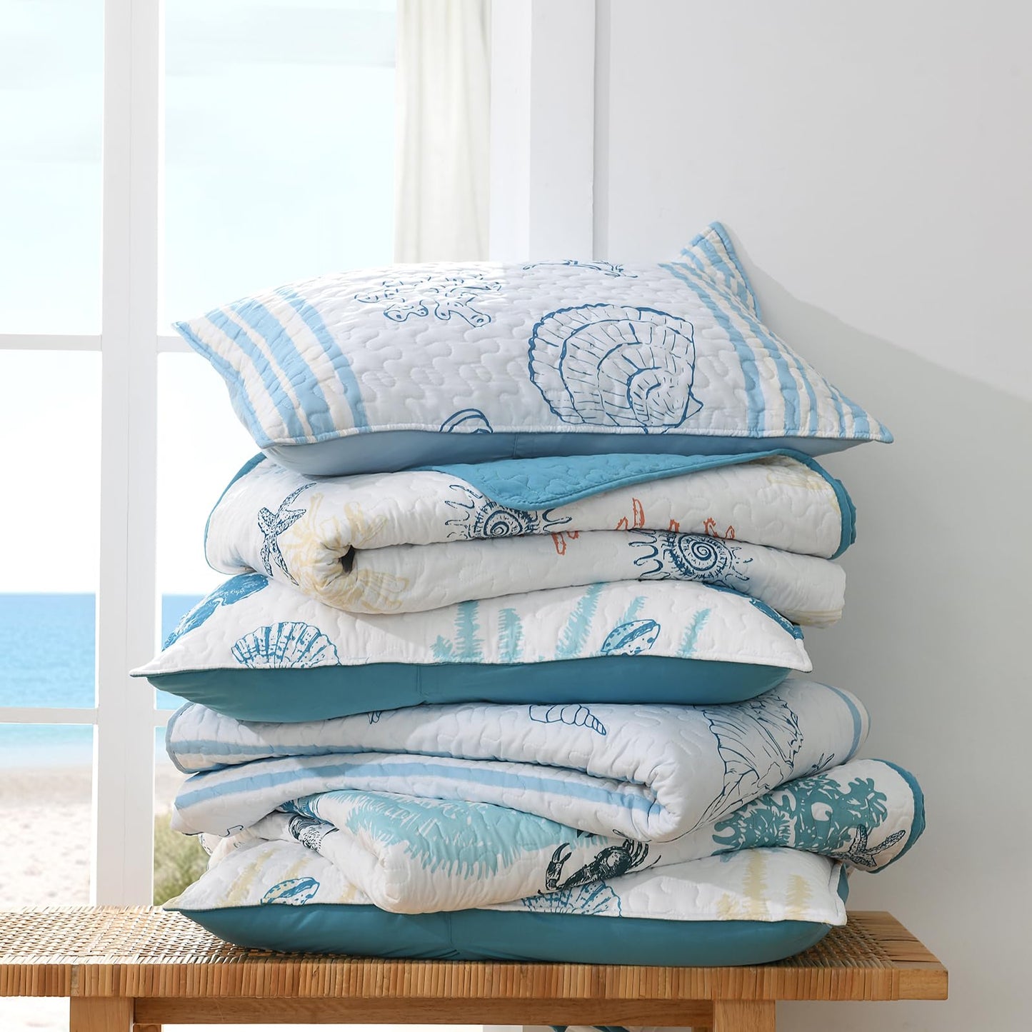 HORIMOTE HOME Coastal Quilt Bedding Set Queen Size, Reversible Blue Summer Beach Quilt Lightweight Ocean Nautical Comforter Tropical Bedspread Coverlet with 2 Pillow Shams for All Seasons (90"x96")