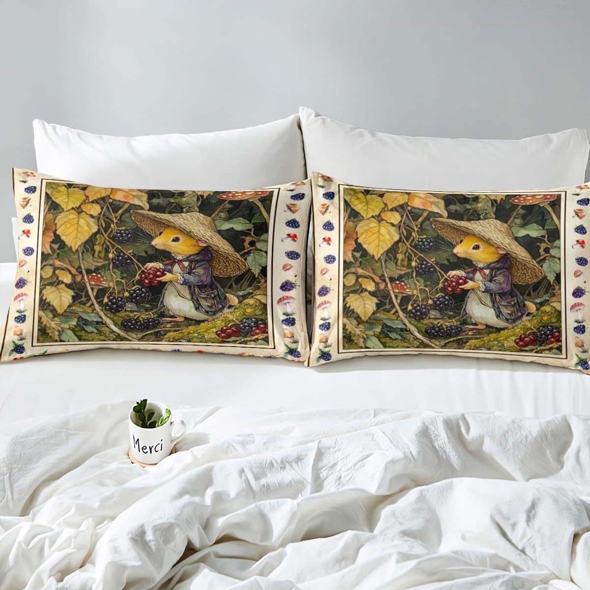 Cute Mouse Bed Sheets Full Size,Cartoon Fairy Tale Style Bedding Sets,Mushroom Blueberry Fruits Fitted Sheet for Kids Girls Boys Teens Room Decor,Rustic Farmhouse Top Flat Sheet,2 Pillowcases