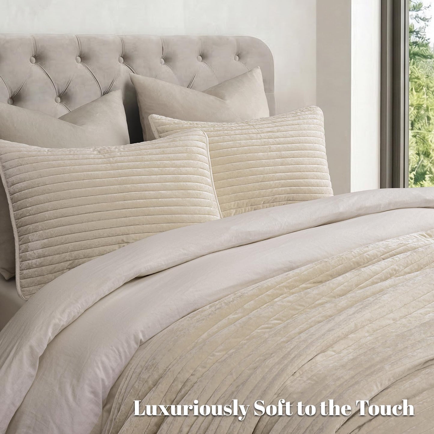 PHF Luxury Velvet Quilt Set Queen Size – 3PCS Ultra Soft Quilted Comforter Alternative with Striped Channel, Cozy Quilted Bedspread, 1 Coverlet with 2 Matching Shams, 90" x 92", Sand