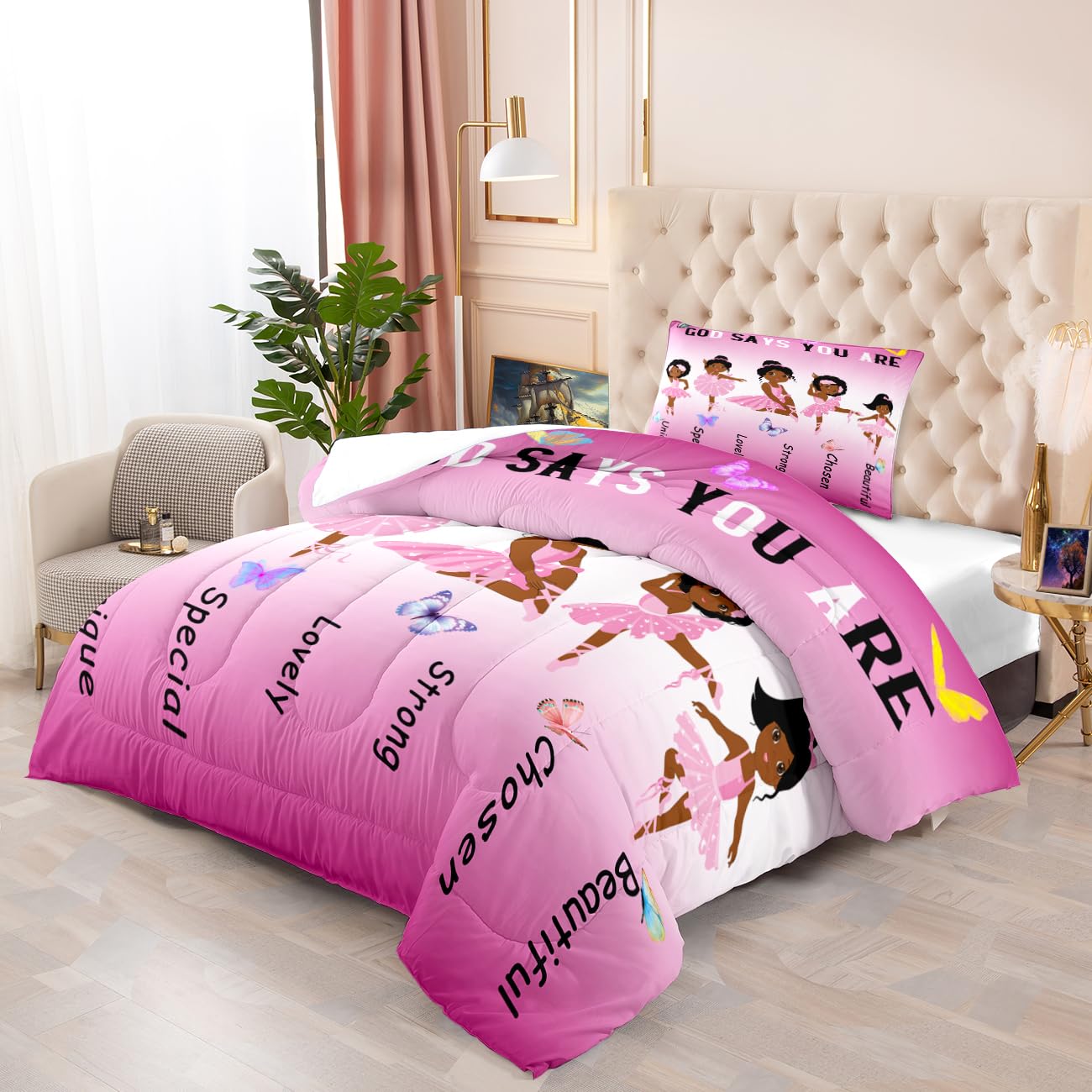 African American Ballerina Comforter Set Black Girls Bedding Set Ultra Soft Microfiber Breathable Pink Comforter Set Kids Comforter Sets For Girls for Princess Room Decor Twin with 1 Pillowcase
