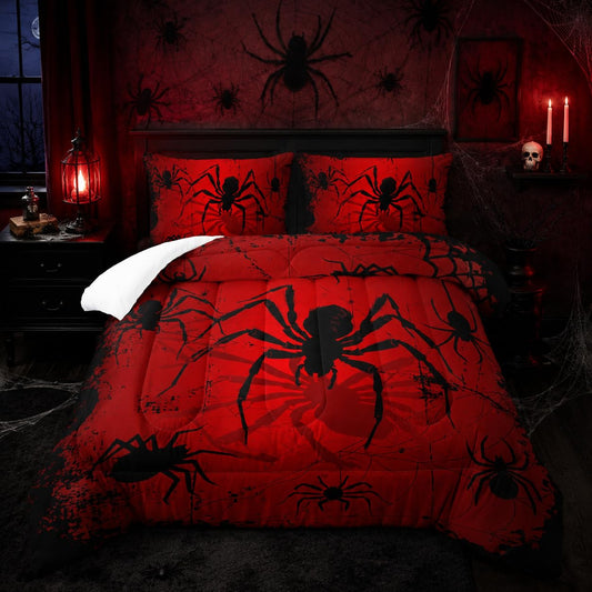 Nttopship Boys Spider Printed Comforter Set Bed in A Bag Twin Size 3PCS Red Bedding Set Cool Black Spider Comforter Set Girls Boys Kids Comforter Bedding Set with 2 Pillowcases
