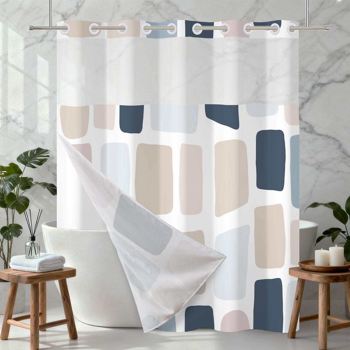 Xiazhilaio No Hook Geometry Shower Curtain with Liner 71 x 74 Inch - Blue and Yellow Modern Abstract Pattern, Waterproof Fabric Bath Curtain with Mesh Top for Minimalist and Modern Bathroom Decor