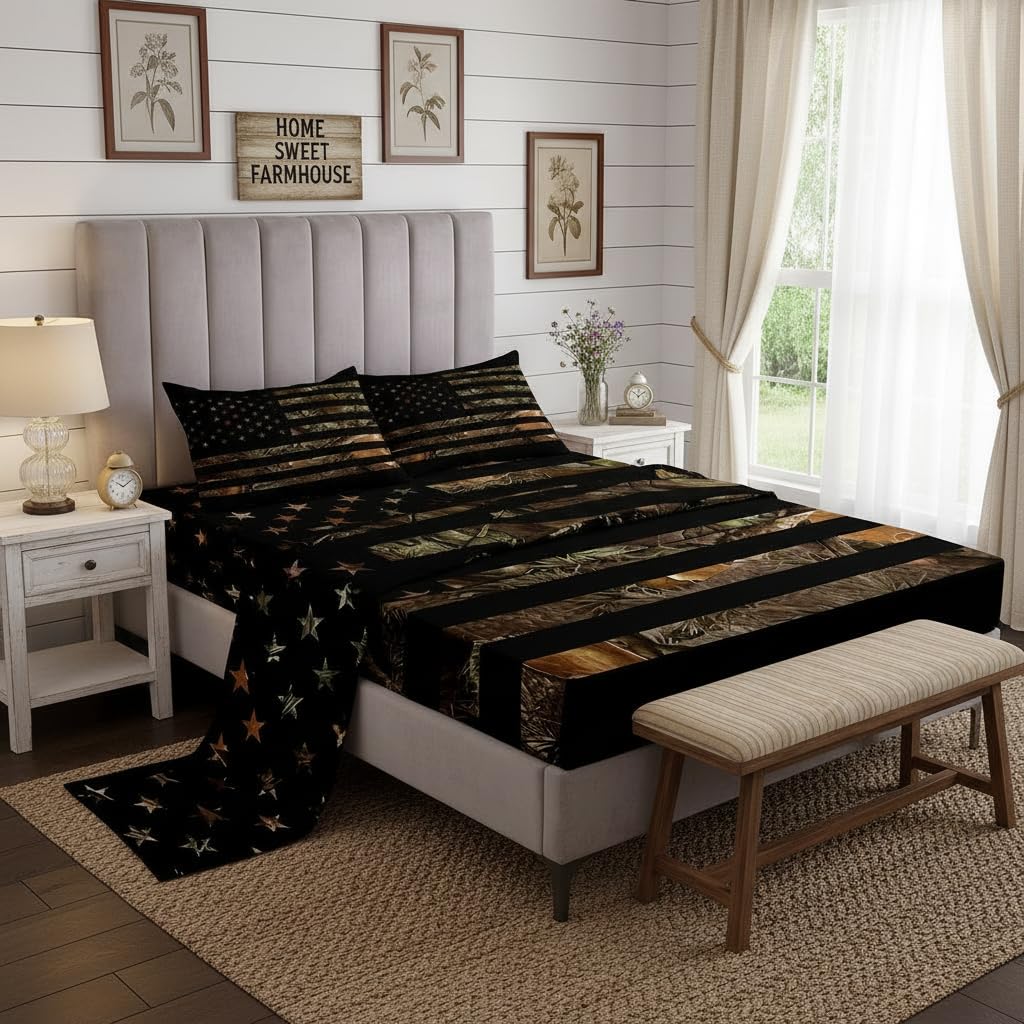American Flag Camo Bedding Set King,Military Hunting Bed Sheets Rustic Tree Leaves Camouflage Bed Sheet Set for Boys Teens Kids Man Nature Conifer Oak Branches Fitted Sheet & Flat Sheet 3 Pcs