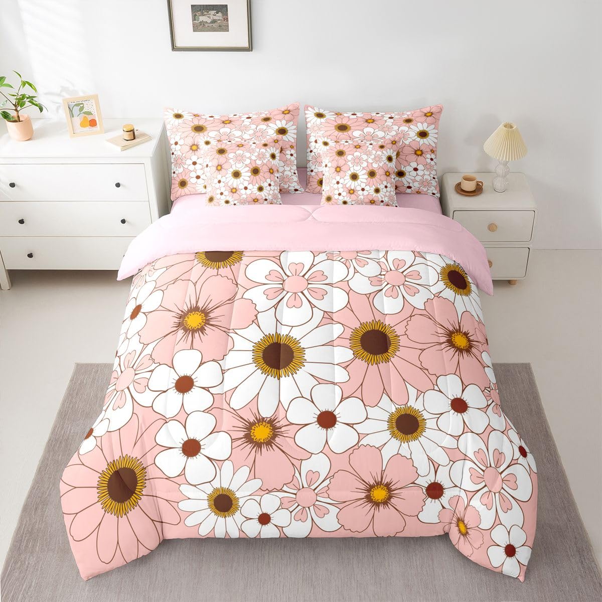 Erosebridal 7 Pcs Pink Daisy Bedding Set Twin for Girls Boho Floral Comforter Set with Sheets for Kids Teens Women Coquette Room Decor Groovy Floral Bed in A Bag Aesthetics Flower Bed Sets All Season