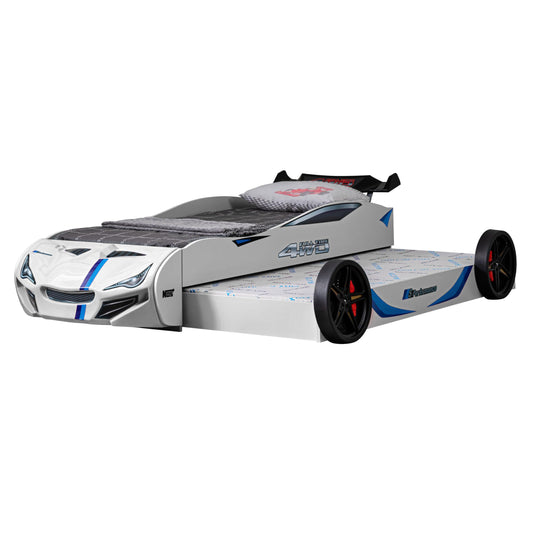 Furniture of America Redvers Modern Wood Twin-Size Kid Bed with Race Car Design and Pull-Out Trundle, No Box Spring Required for Toddler, Teens, Boys or Girls, White