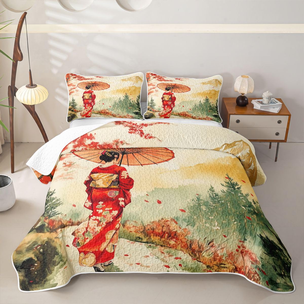 Erosebridal Geisha Quilts Twin Size - Japanese Geishas Girls Bedspread Coverlet Set, Natural Ink Painting Quilt Coverlets 2Pcs (Only 1 Pillowcase)