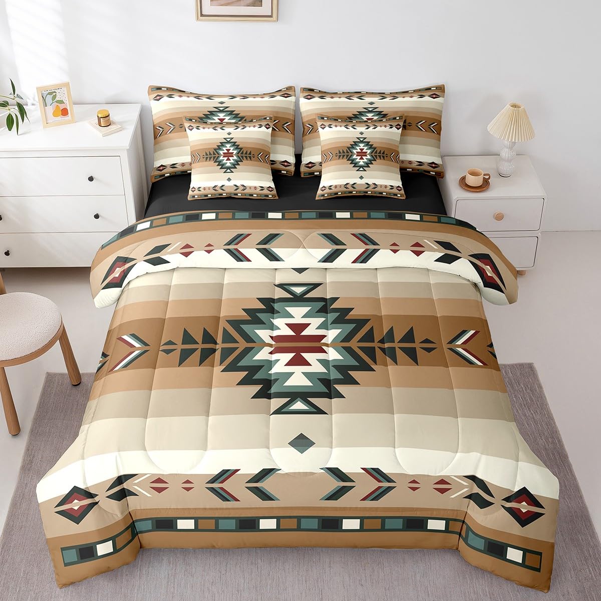 Feelyou Queen Size Southwest Native Design 7 Piece Bedding Set Southwestern Geometric 7 Piece Bedding Set Tribal Bed Set Includes Comforter, Sheet Set, Pillowcases & Pillow Covers Beige