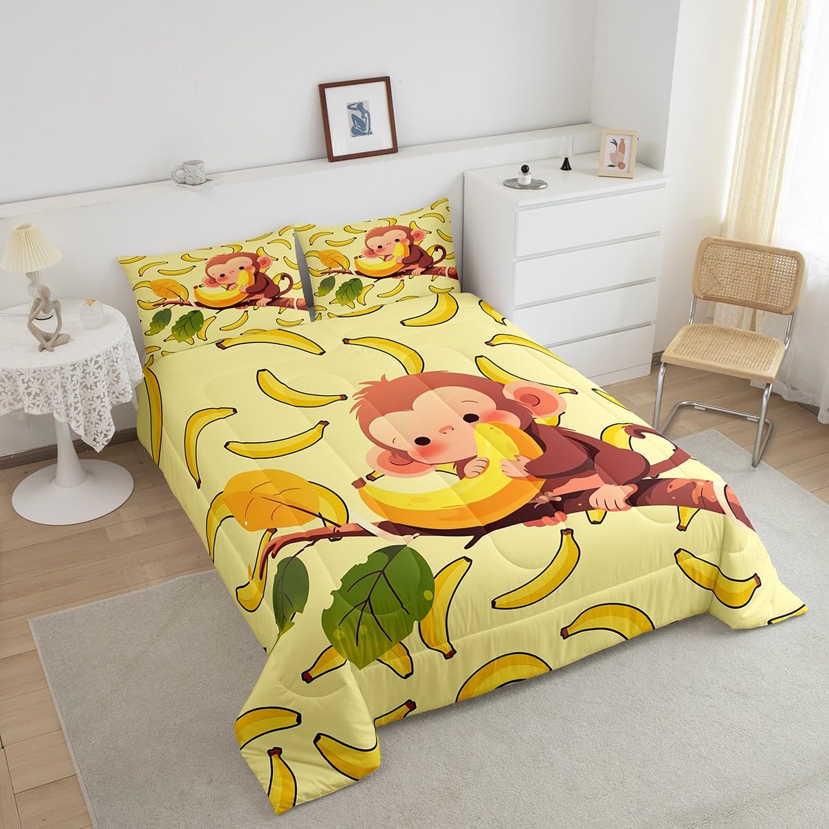 Feelyou Kids Monkey Comforter Cute Cartoon Zoo Animal Comforter Set Lovely Little Monkey Bedding Set for Boys Girls Children Bedroom Decor Nature Banana Duvet Set King Size with 2 Pillow Case
