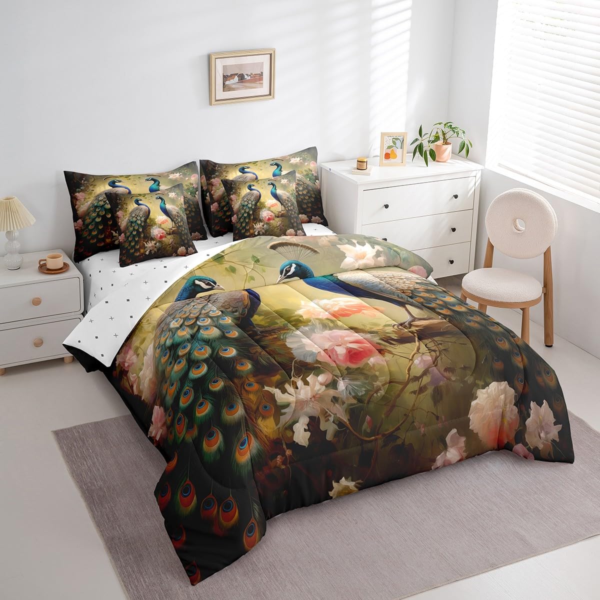 Erosebridal Chic Peacock Full Bedding Sets 7-Piece 3D Jungle Peacock Printed Comforter Set Wild Animal Comforter Set with Sheets Chic Pink Floral Bed in A Bag Dark Gold Bed Sheets Set,for All Season