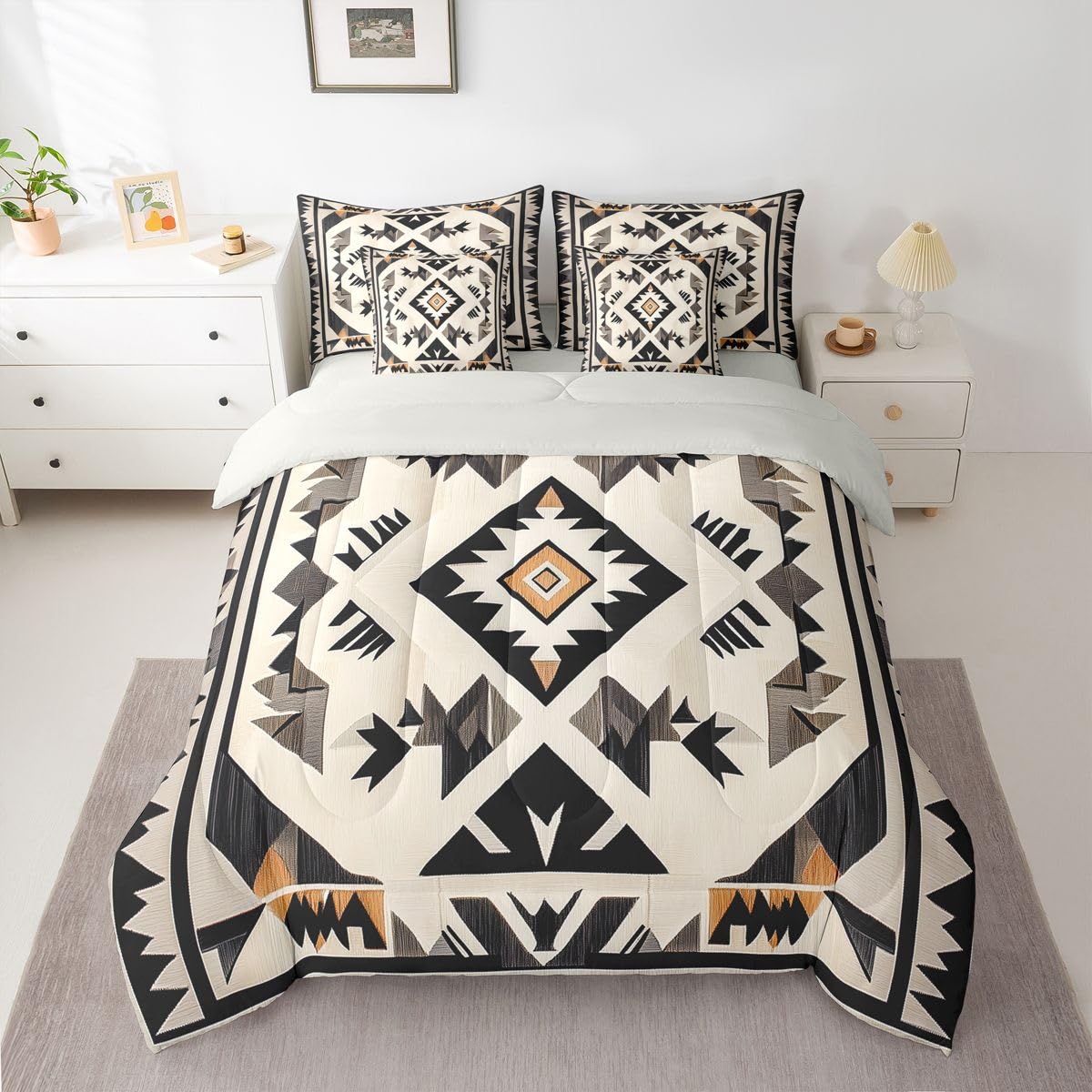 Erosebridal Geometric 7 Piece Bedding Set Queen Aztec Comforter Set with Sheets Rhombus Triangle Simple Western Bed in a Bag Southwestern Tribal Farmhouse for Teens Men Women