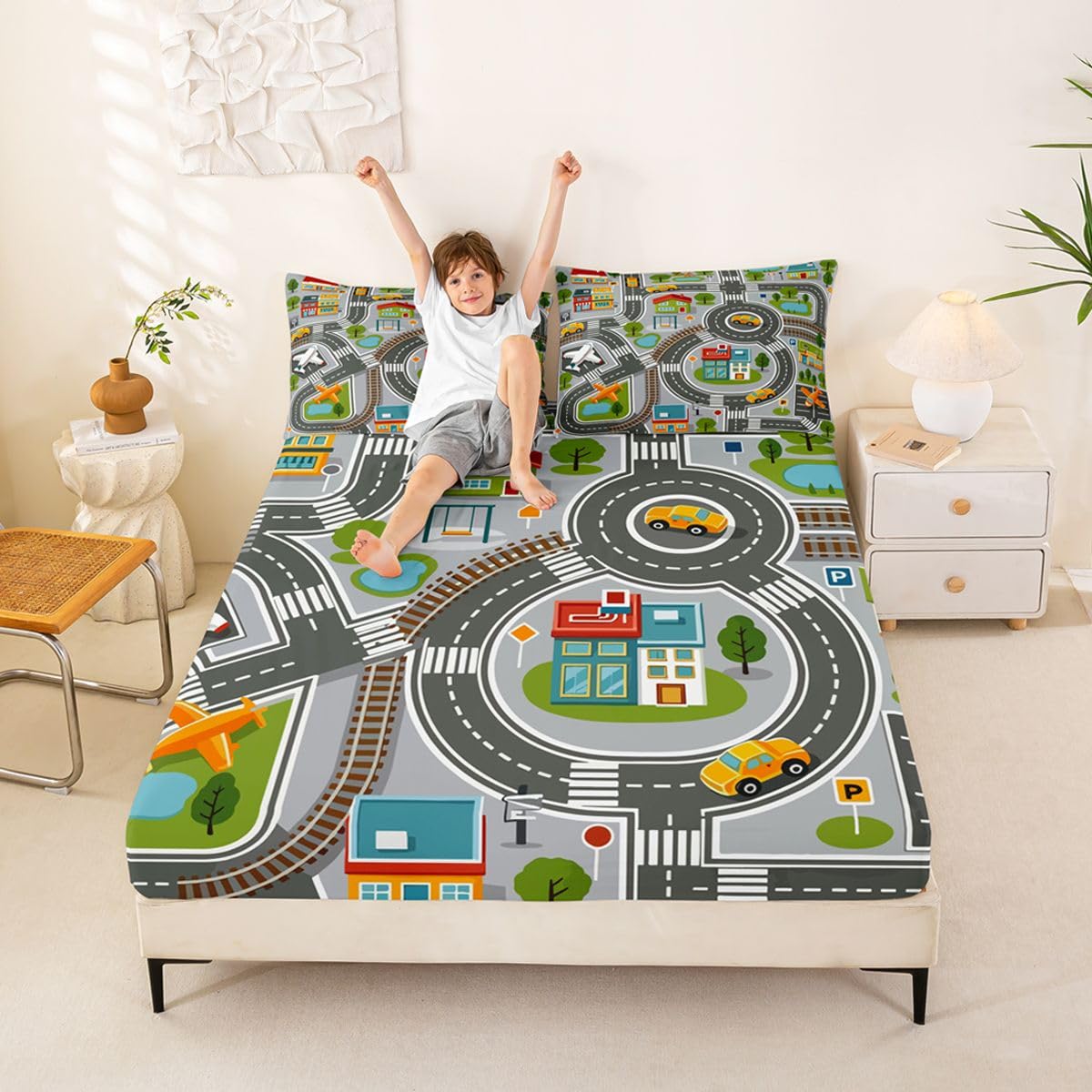 Manfei City Traffic Map Fitted Sheet Set Crossroad Street Airplane Bedding Set for Kids Bedroom Cartoon Cute Car Building Bed Sheet Set 3pcs Deep Pocket Mattress Cover,No Top Flat Queen Gray Black