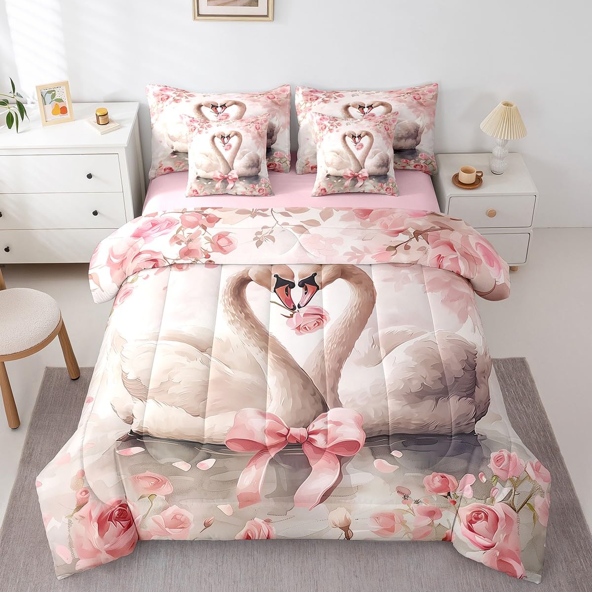 Erosebridal Valentine's Day Queen Comforter Set 7 Piece Bow Swan Romantic Roses Bedding Set for Adults Men Women,Animal Couple Bed in A Bag Pink Flowers Leaves Bed Set Room Decor