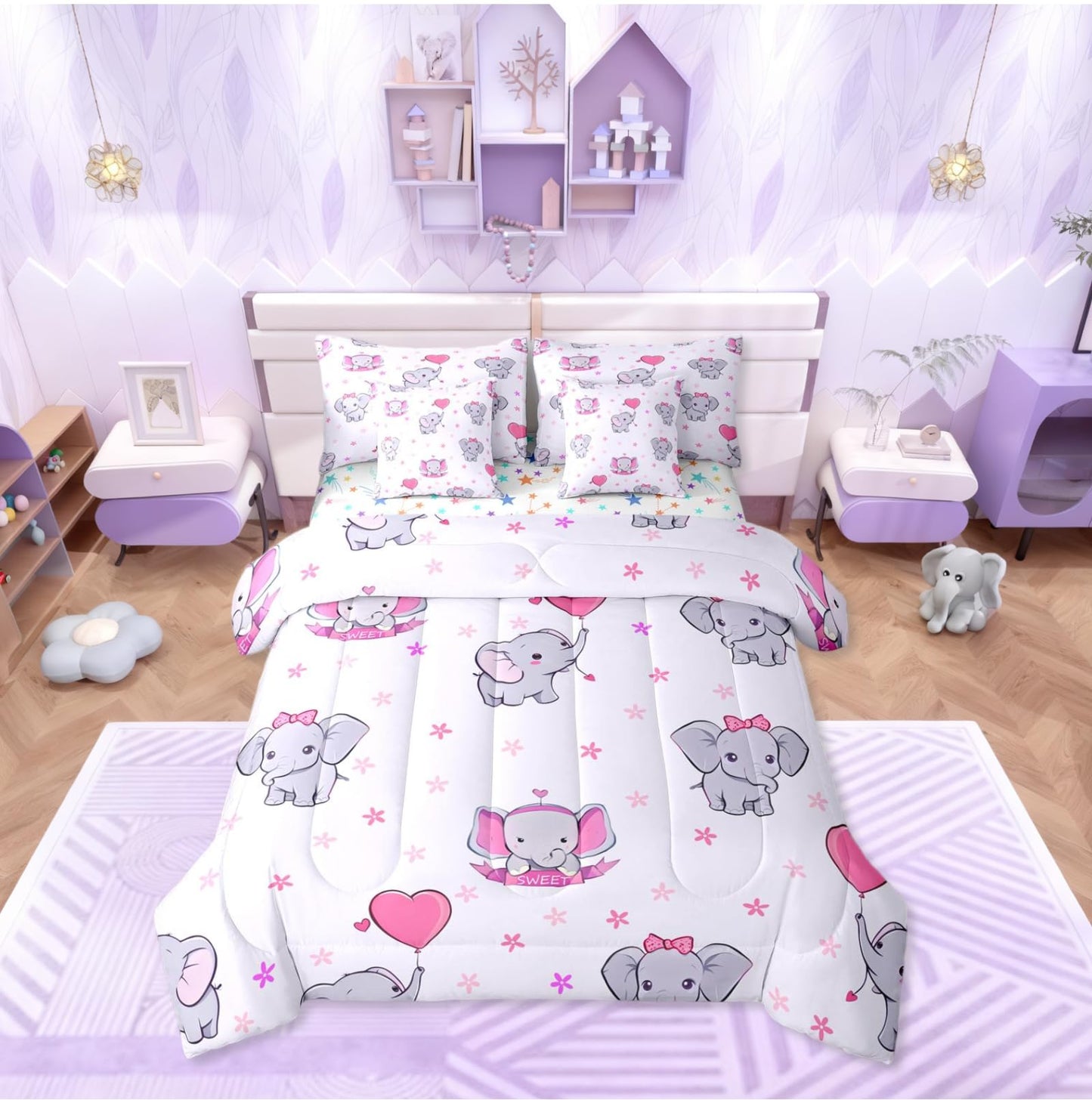 Erosebridal Girls Elephant 7 Piece Comforter Set Twin | Cute Elephant Cartoon Animals Bedding Set for Kids Nursery Bedroom Pink Heart Shaped Comforter with Sheets Kawaii Wildlife Floral Duvet Insert