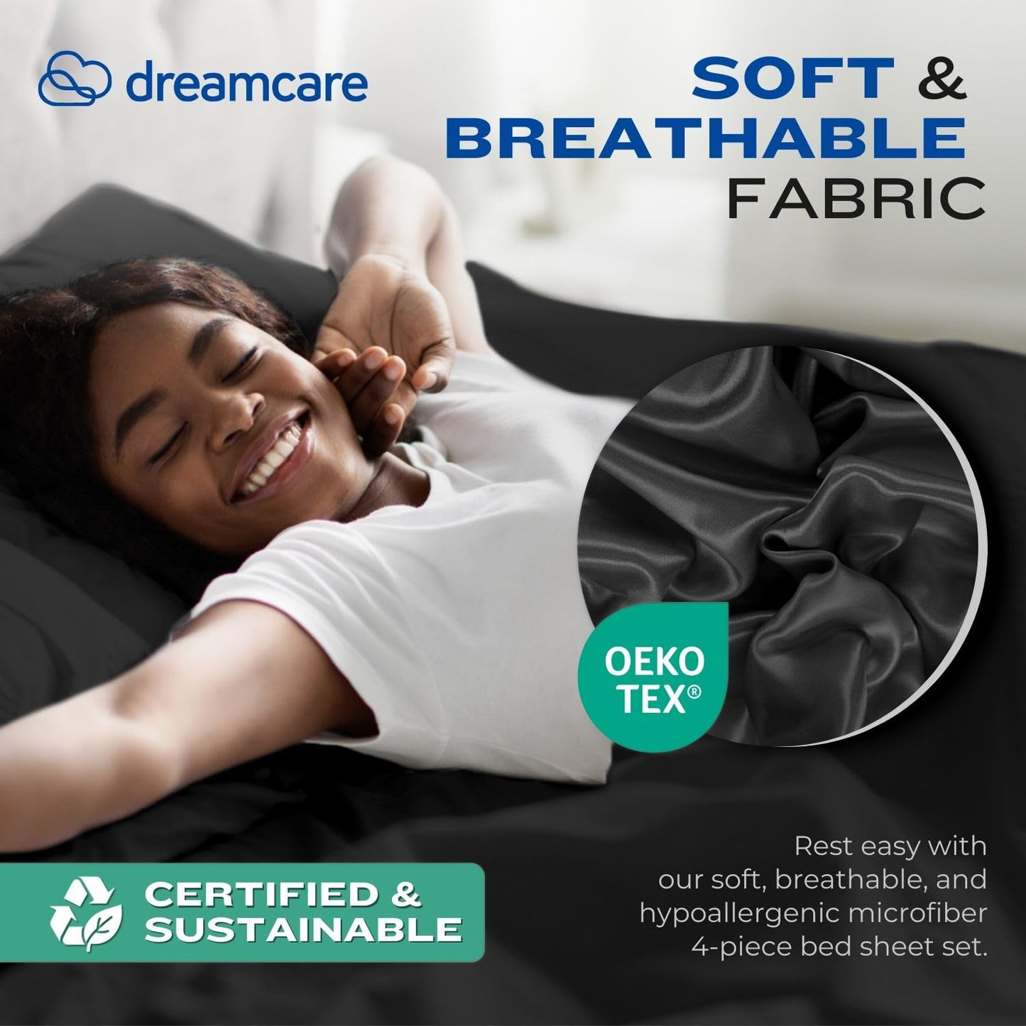 DREAMCARE King Size Sheets Set - 4 pcs Breathable Cooling Sheets - up to 15" Deep Pocket King Sheet Set with Side Pockets - Extra Soft 100% Brushed Hypoallergenic Hotel Luxury Bedding Black