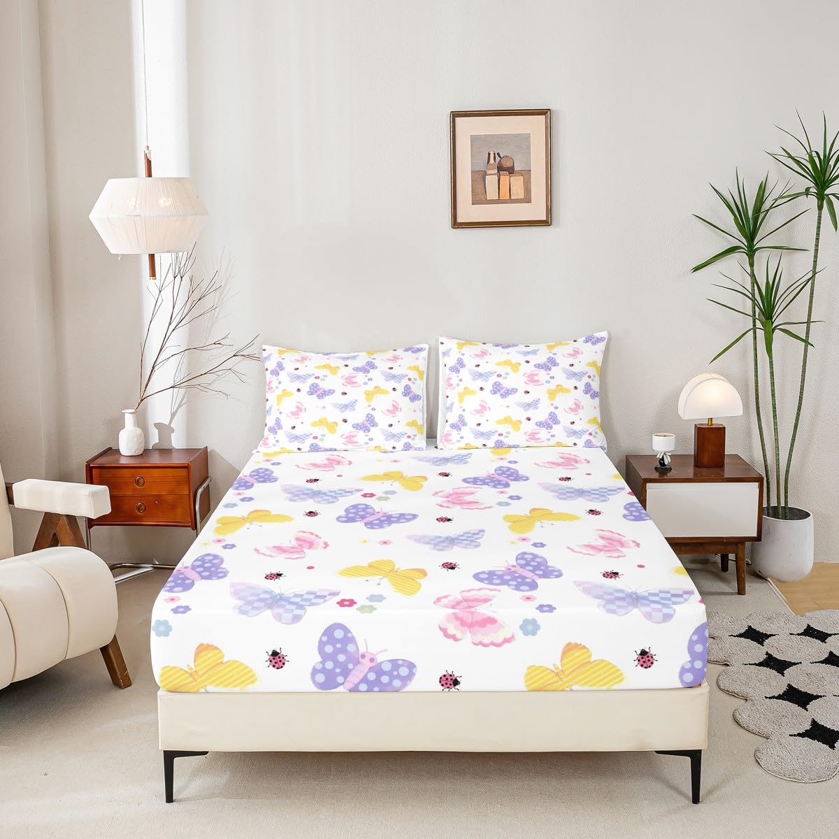 Feelyou Butterfly Fitted Sheet with 1 Pillowcase Twin Size Butterflies Printed Pattern Bed Sheets Set 16" Deep Pocket Boys Girls Purple Blue Checked Bedding Cute Flowers Teens Bedroom Decor