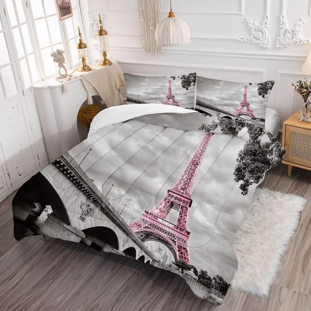 kxry Paris Comforter Set Pink Eiffel Tower Seine Full Size Bedding French Style Paris Cityscape Quilt for Girls Women 1 Comforter + 2 Pillow Cases