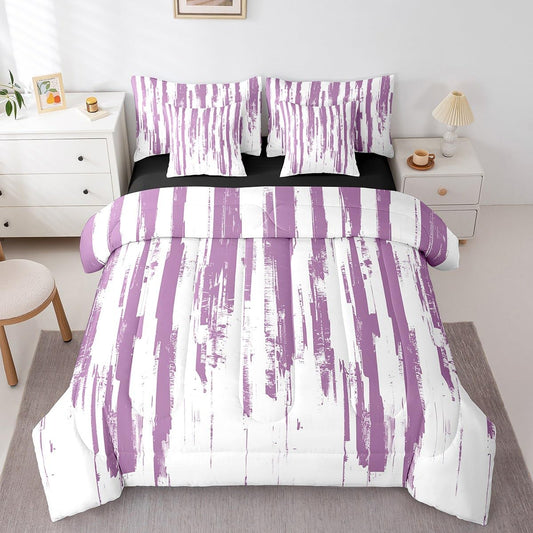 Erosebridal 7Pcs Violet Purple Comforter Set King,Lavender Abstract Art Aesthetic Striped Bed in A Bag for Teens Adults,Ink Painting Graffiti Watercolor Quilt,Vintage Gradient Ombre Modern Bedding