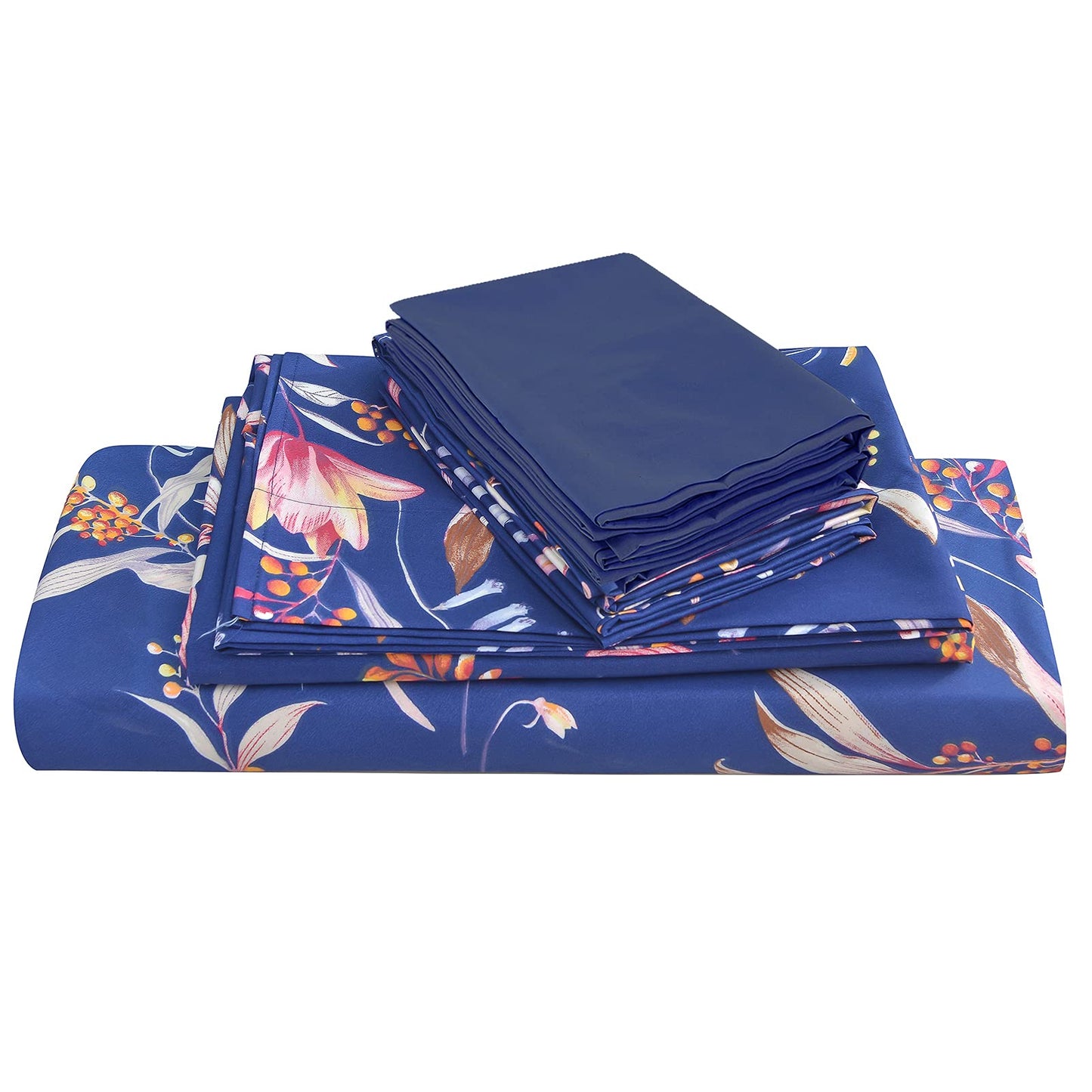 JSD Navy Blue Floral Printed King Sheet Set, 6 Piece Botanical Pattern Microfiber Sheets Extra Deep Pocket