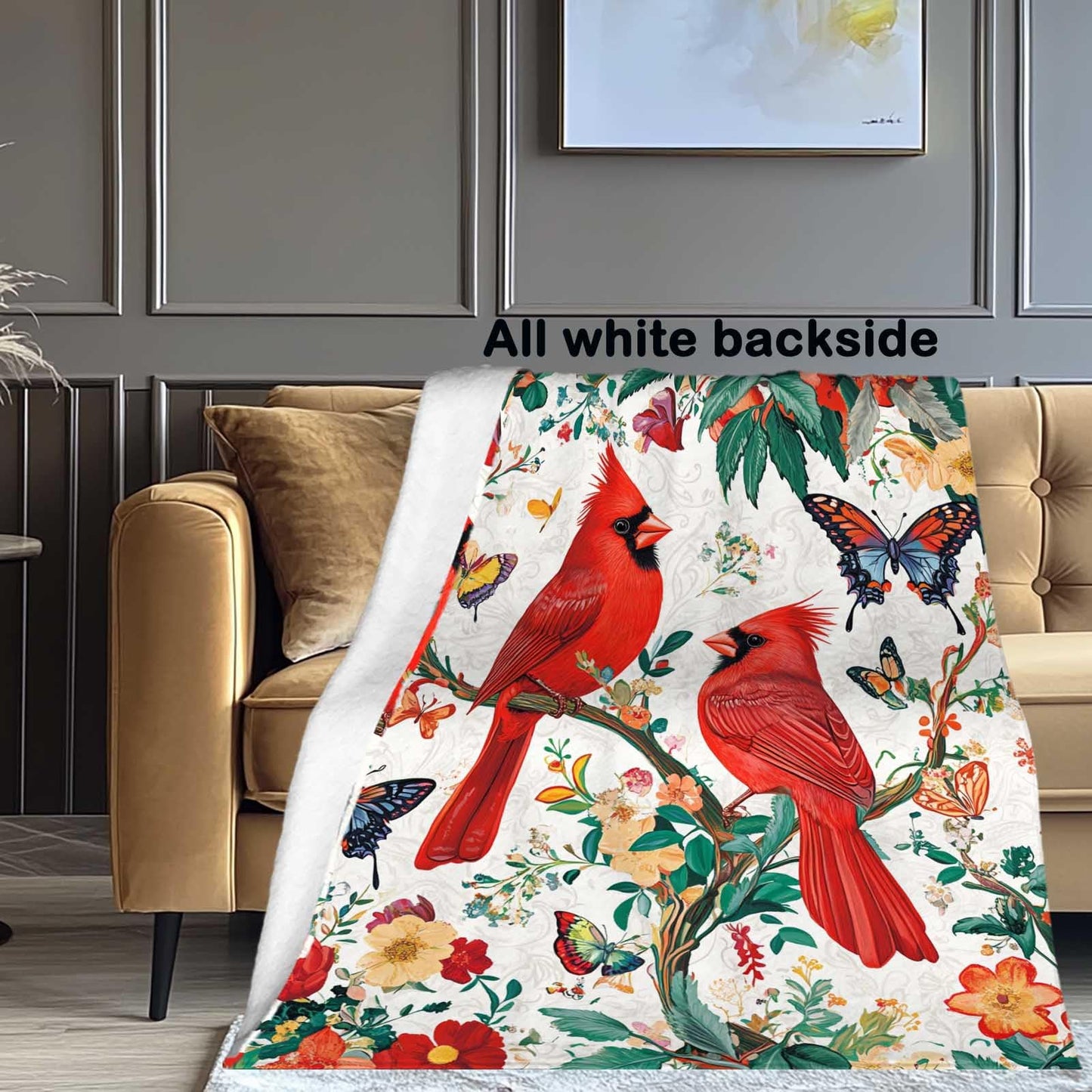 ZwenPdoe Cardinal Throw Blanket 40x50 Inches | Red Bird Floral Butterfly Fleece Blanket for Couch Sofa Bed | Botanical Farmhouse Decorative Throw Cozy Gift for Women Mom