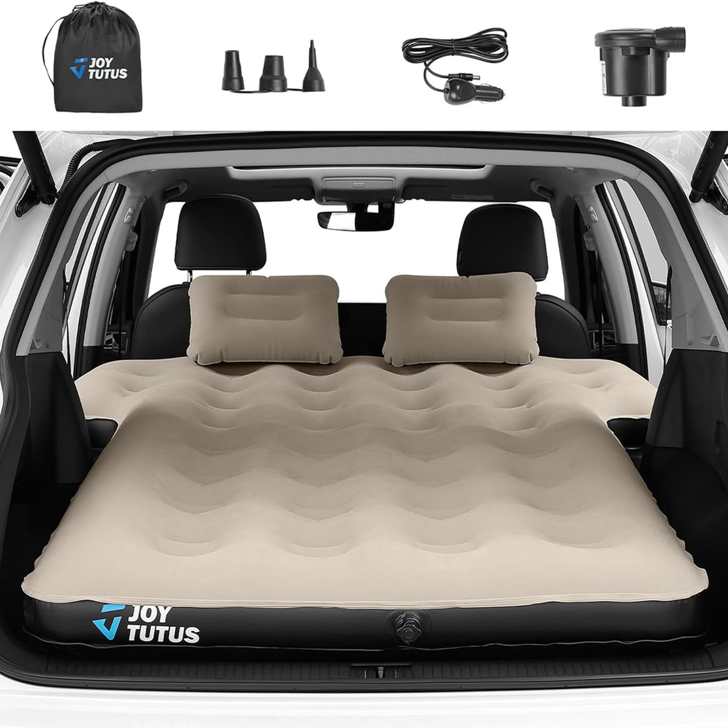 JOYTUTUS SUV Air Mattress Camping Bed,3.0 Thickened Flocking Car Camping Inflatable Mattress,Anti-Leakage,with 2 Pillows & Electric Pump Universal Car Bed for SUV Trunk and Rear Seat,Camel