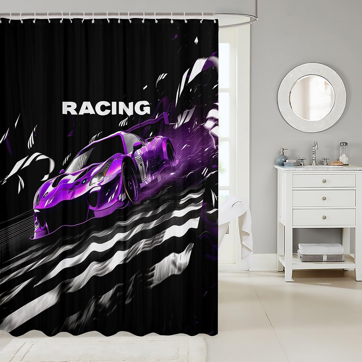 Feelyou Race Car Shower Curtain 72"x78" Waterproof Polyester Fabric Extreme Sports Bathroom Shower Curtain Set for Kids Boys Girls Games Car Kids Bathroom Accessories Automobile
