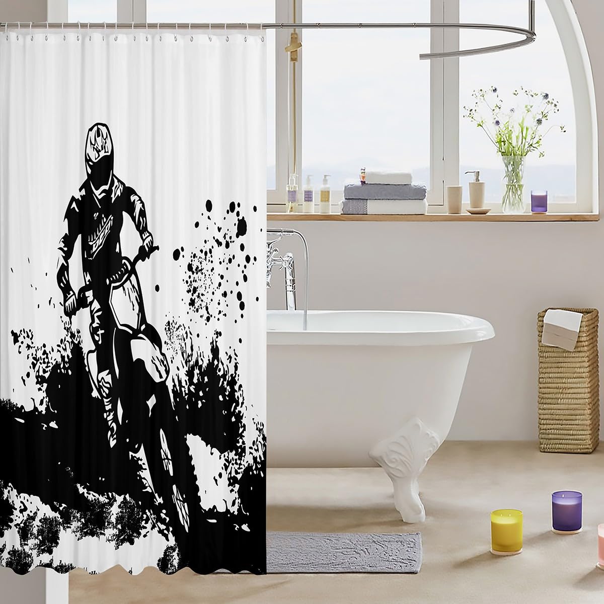 Feelyou Motorcycle Fabric Shower Curtain Black Graffiti Shower Curtain for Kids Boys Girls Dirt Bike Bathroom Waterproof Accessories with 12 Hooks Extreme Sports Theme Curtains,72x84 Inches