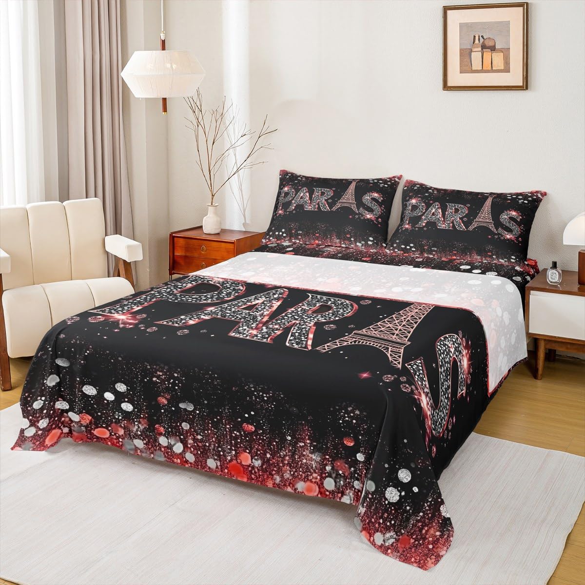 Manfei Eiffel Tower Bed Sheet Set Full Size 4pcs,Red Silvery Romantic Paris Bedding Set,Romantic Tower Flat Sheet + Fitted Sheet for Kids Girls Boys Teens Room Decor