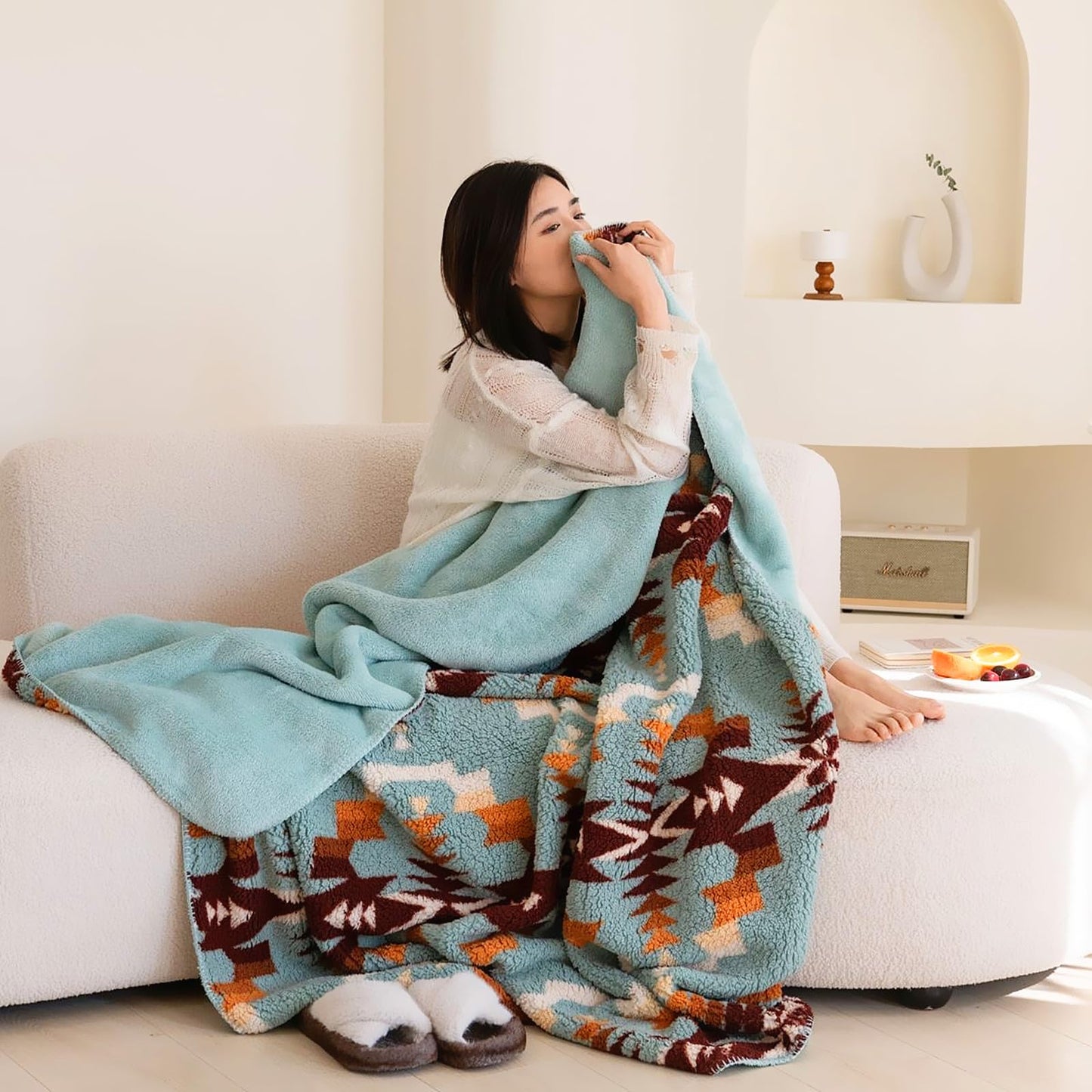 UKELER Boho Sherpa Fleece Blanket 90'' × 112'', Ultra Soft Aztec King Szie Bed Blankets for All Season, Cozy, Plush, Bohemian Throw Blanket for Bed/Couch/Sofa/Office/Camping
