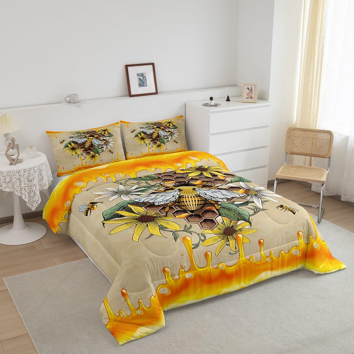 Homewish 3D Bee Pattern Comforter Set,Geometric Honeycomb Bedding Set for Kids Girls Women,Adults Daisy Comforter,Yellow White Quilted Duvet Set Bedroom Collection Twin Size 2Pcs