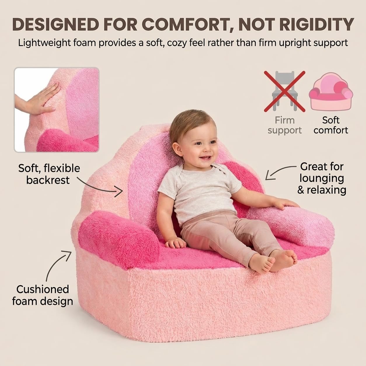 Luleko Kids Toddler Foam Chair | Cute Pink Soft Lounge Chair for Toddler Girls Ages 1–4 | Comfy Lightweight Reading Seat for Nursery, Bedroom & Playroom Décor