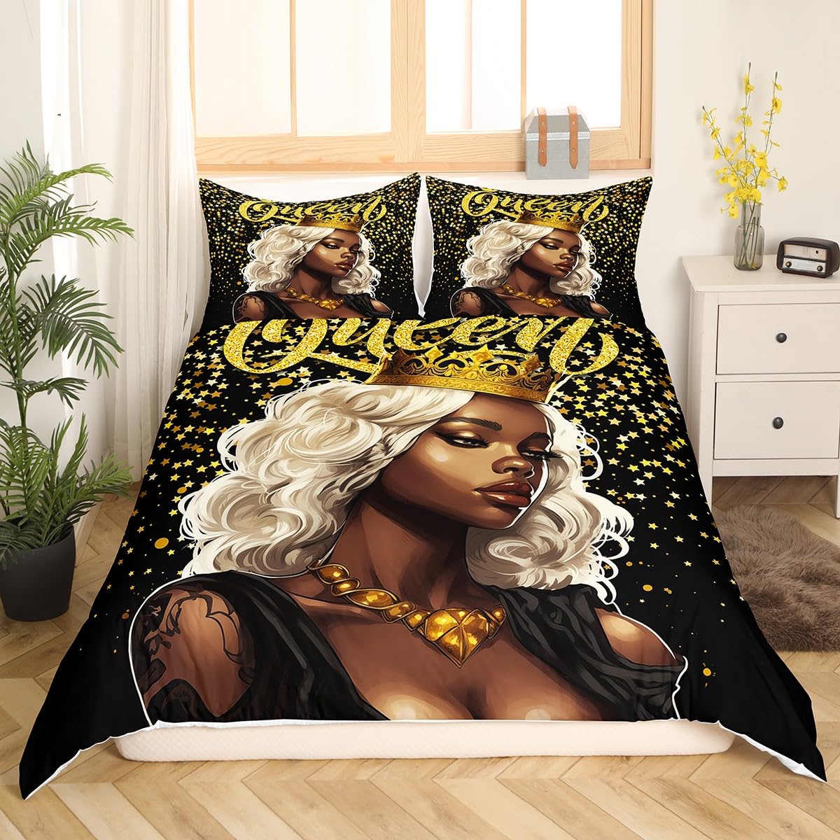 Black Girls Duvet Cover Set Queen Size,African Style American Fashion Woman Comforter Cover,Golden Glitter Queen Crown Bedding Set Teens Men Adult Room Decor,Modern Black Quilt Cover,2 Pillowcases