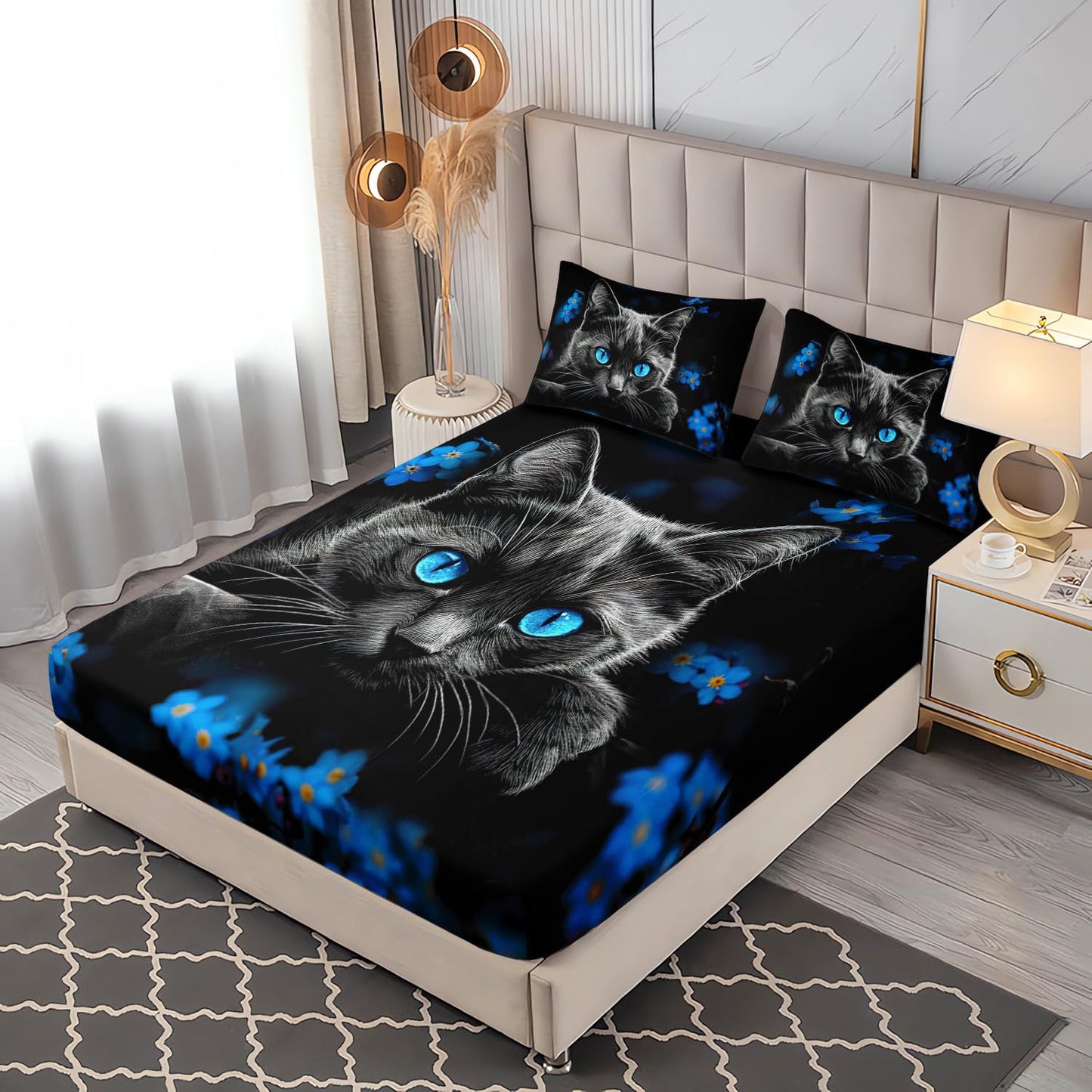 UEVBF Black Cat Fitted Sheet Set Twin Size,Animal Themed Cute Bed Fitted Sheets Set for Kids Toddler Girls Boys Room Decor,Blue Floral Bedding Sets,1 Fitted Sheet+2 Pillowcases.