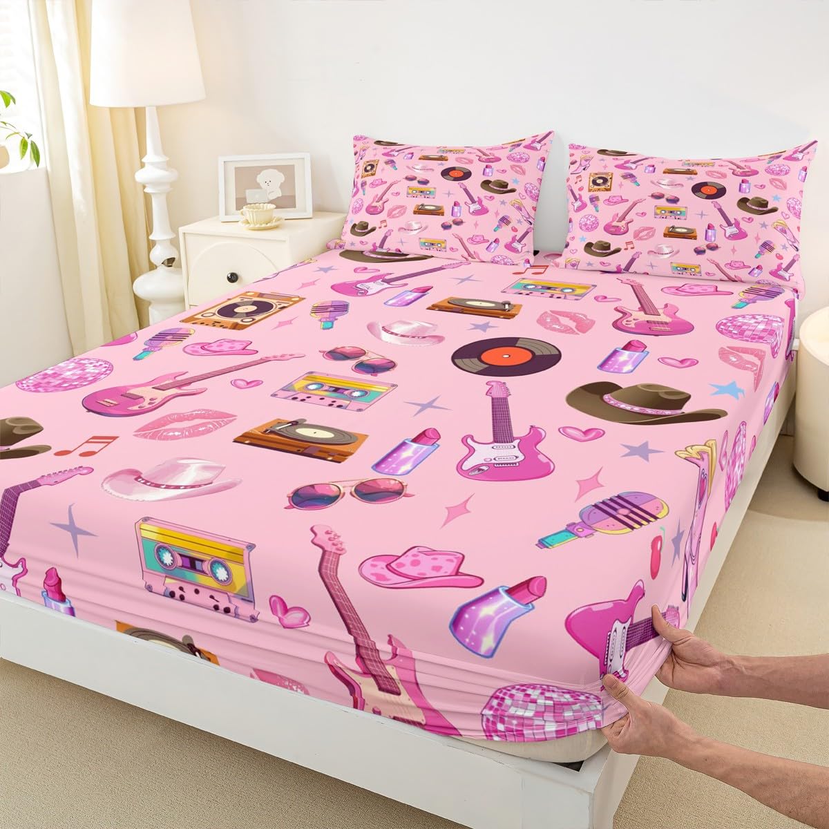 jejeloiu Girls Music Bed Sheets Pink Guitar Cat Western Cowgirl Bedding Set Full Size Fashion Women Singer Bed Cover Pink Room Decor Lightweight Deep Pocket Fitted Sheet (No Top Sheet)