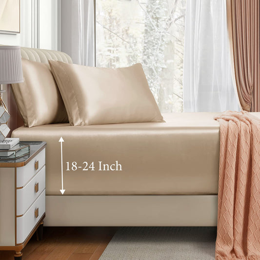 VACVELT 3pcs Extra Deep Pocket Satin Fitted Sheet Set Queen Bed Set, Beige Bottom Sheet Fit 18-24 Inch Deep Pocket Mattress, Silky Bedding Set Soft & Ultra Deep Fitted Sheet & 2 Pillowcase