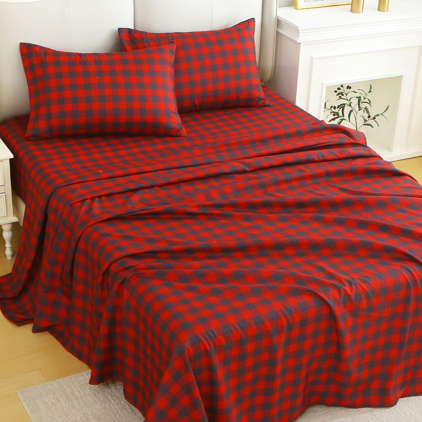 MUXHOMO Queen Size 4 Piece Sheet Set, Soft Breathable Bed Sheet Set for Bedroom with Deep Pocket Up to 16", Wrinkle-Free & Cooling Bedding for Oeko-TEX Certified - Red Plaid