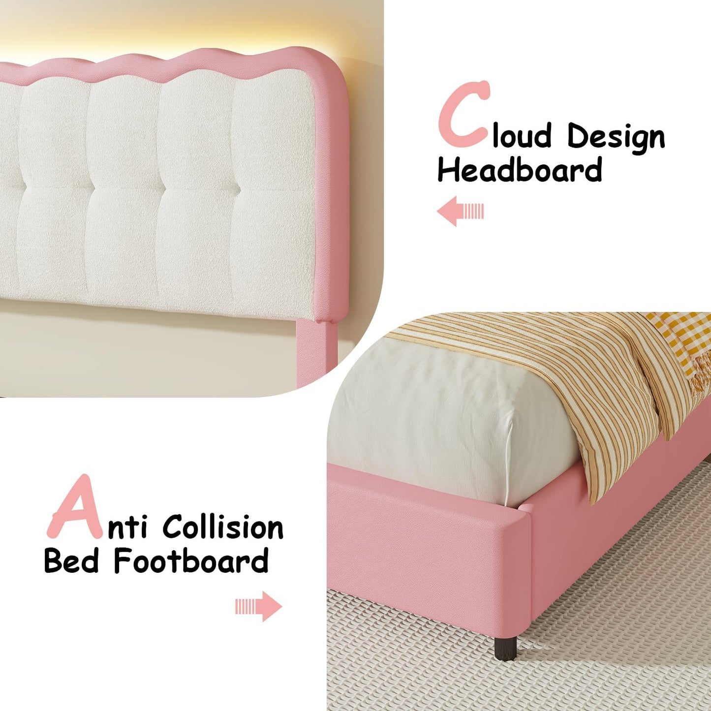 BarnFurin Queen Bed Frame, Upholstered Platform Bed with Cloud Headboard, Modern Bed Frame with Anti-Collision Soft Design, No Box Spring Required, Easy Assembly, Pink