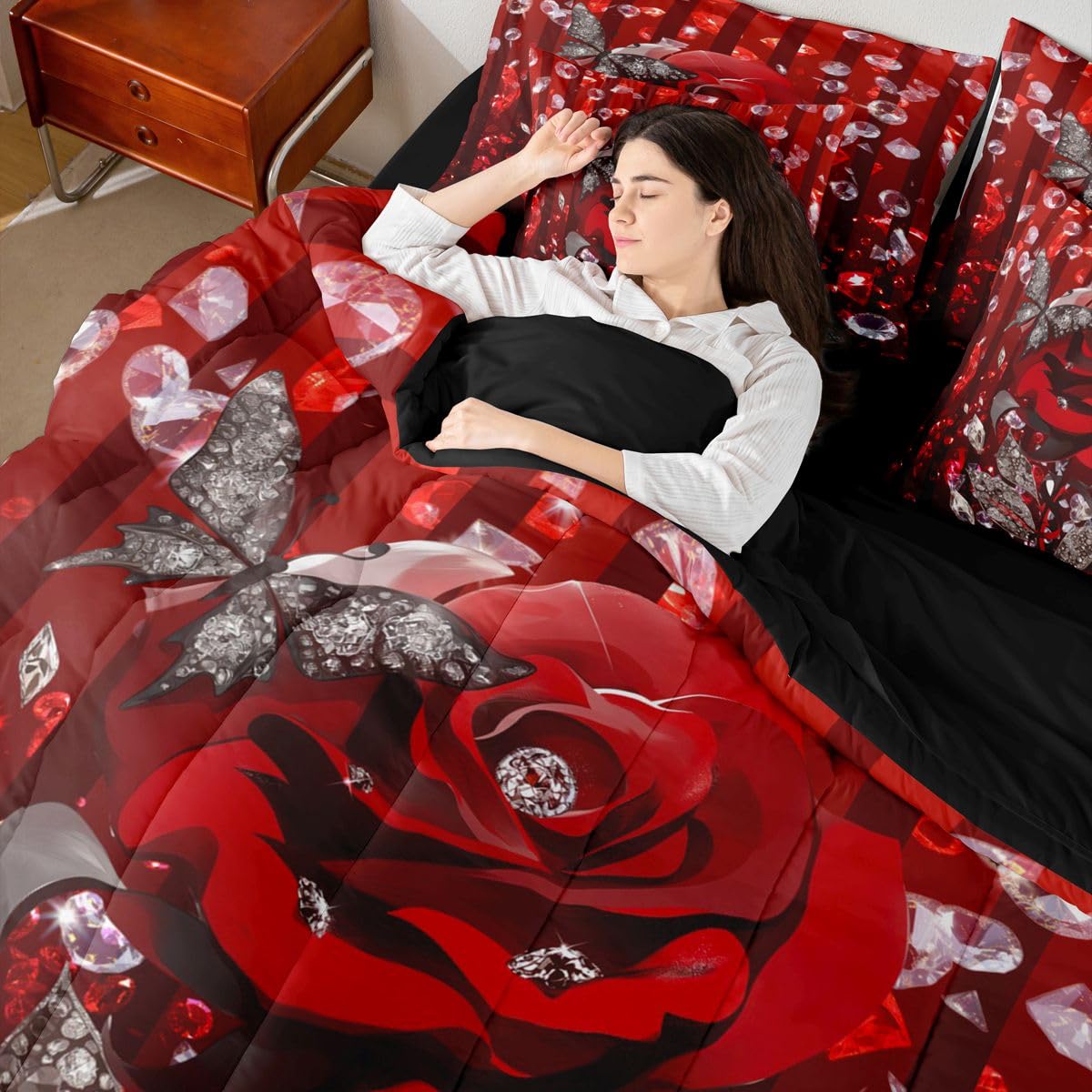 Erosebridal Red Rose Romantic Queen Comforter Set with Sheets 7 Piece Valentine Day Gift Bed in A Bag Rose Floral Flower Bedding Sets for Women Men Adults,Glitter Diamond Butterflies Bed Set