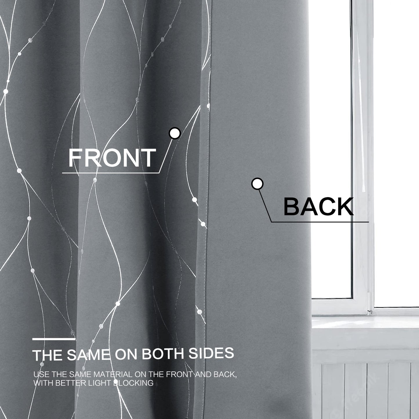 BUHUA Light Grey Blackout Curtains with Wave Line and Dots Printed Grommet Top Drapes Thermal Insulated Blackout Window Curtain for Bedroom Living Room 38W×45L Inch Lenght 2 Panels