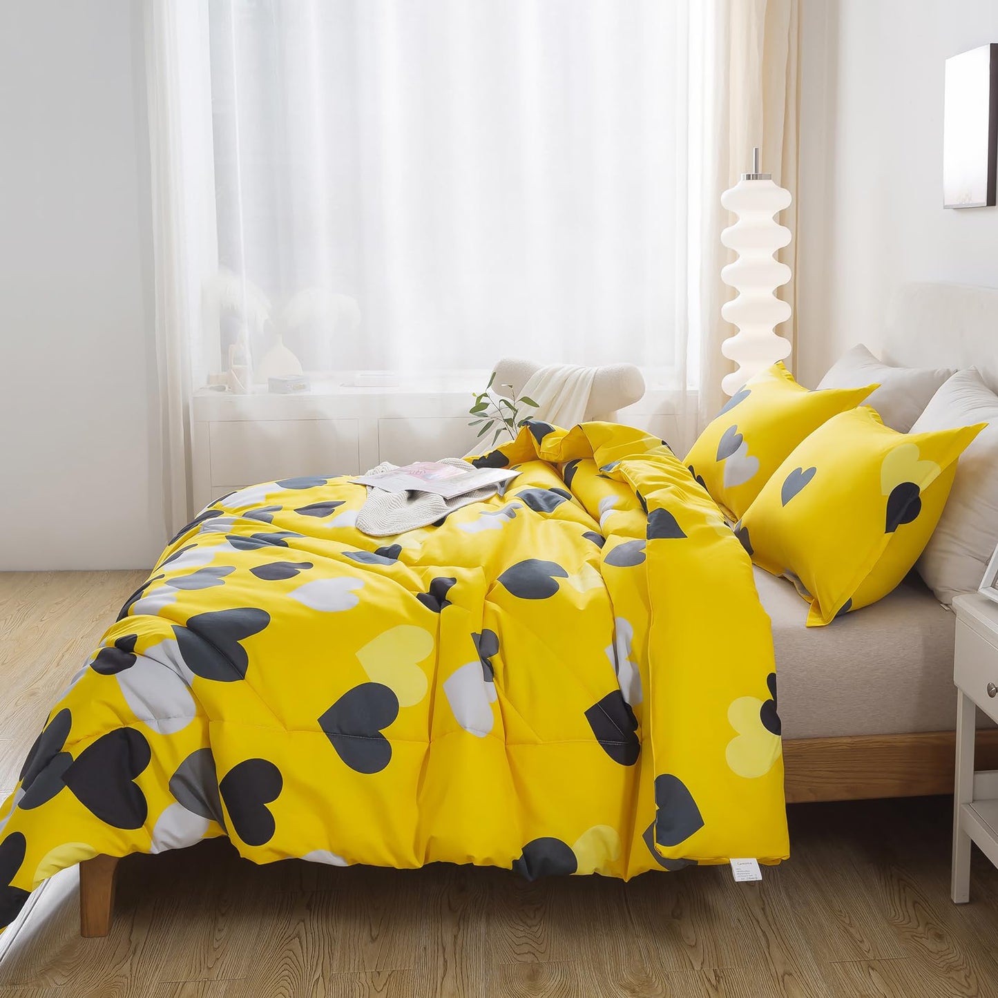Caressma Twin Size Comforter Set for Boys Farmhouse Yellow Bedding Set with Black Heart All Season Fluffy Soft Lightweight(1 Comforter & 1 Pillowshams)