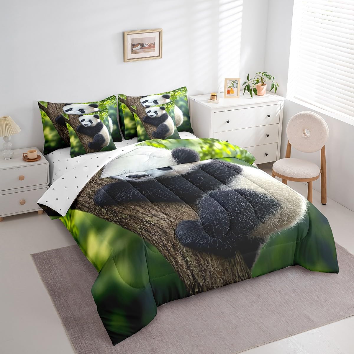 Feelyou Cute Panda Comforter Set 7 Pieces Full Size Kawaii Bear Bedding Set for Boys Girls Nature Bed in a Bag with Comforter, Sheets, Pillowcases & Cushion Covers