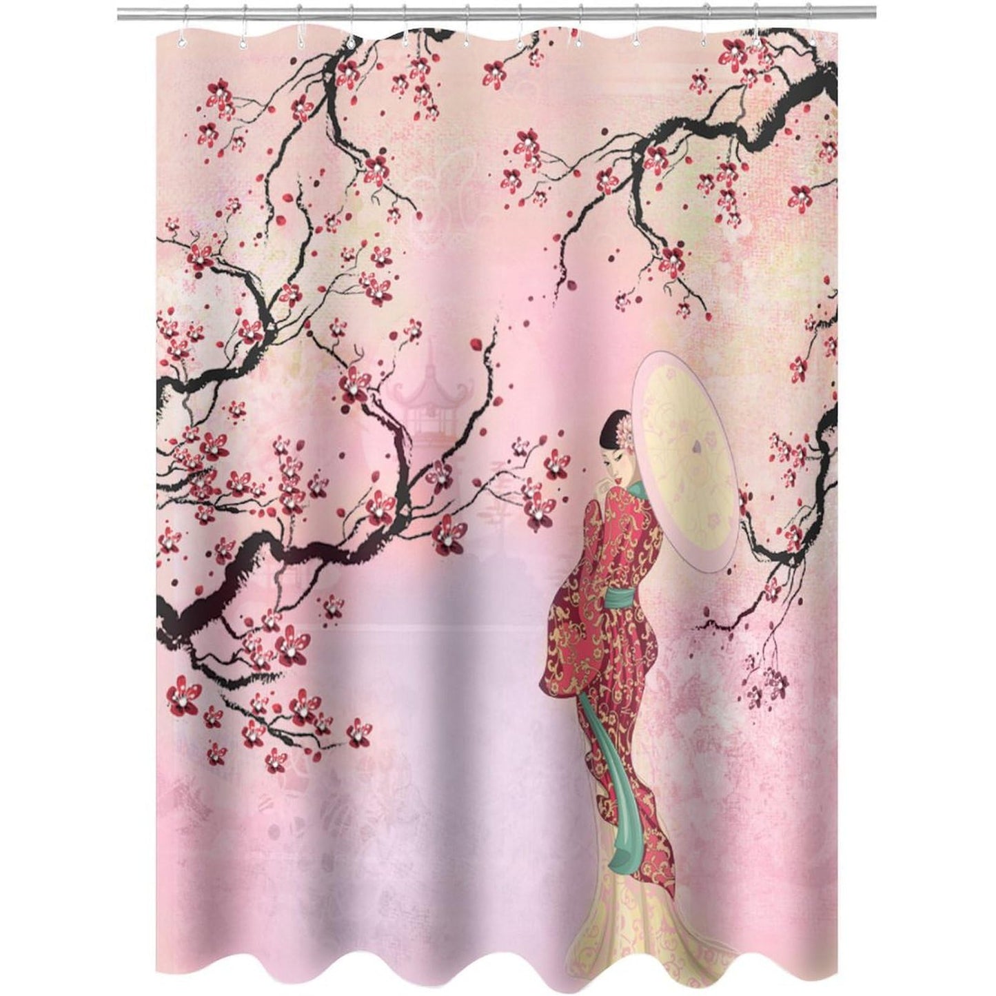 DDCBNS Japanese Geisha Shower Curtains,Asian Style Red Plum Blossom Ink Painting Shower Curtain for Bathroom Decor Asia Oriental Theme Fabric Waterproof Upholstery Hook 66x72inch