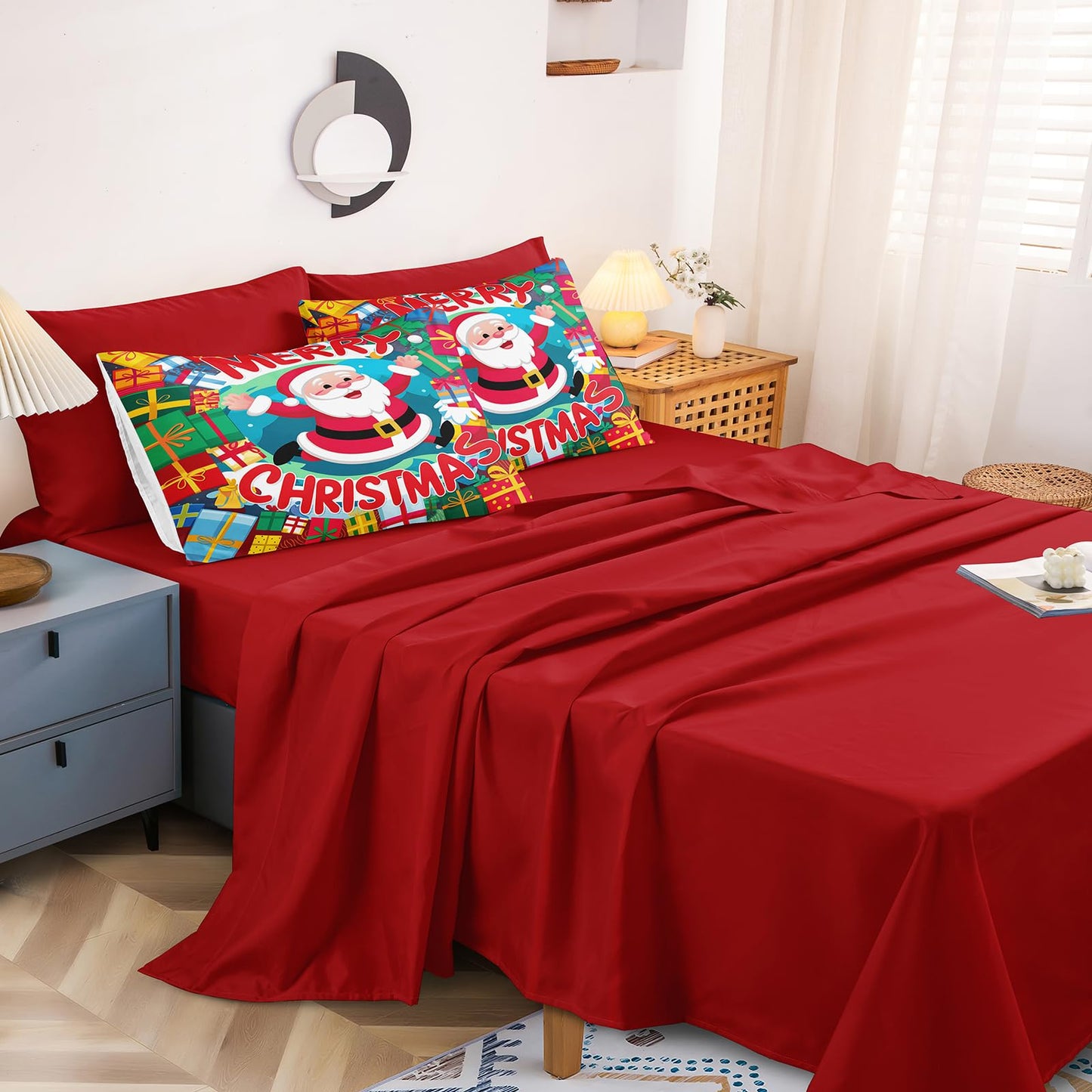 Bedding_Dreamer Santa Claus Comforter Queen Red Bed in a Bag 8 Pcs Christmas Bedding Merry Christmas Snowflake Home Decor with 1 Cushion Cover Soft and Lightweight