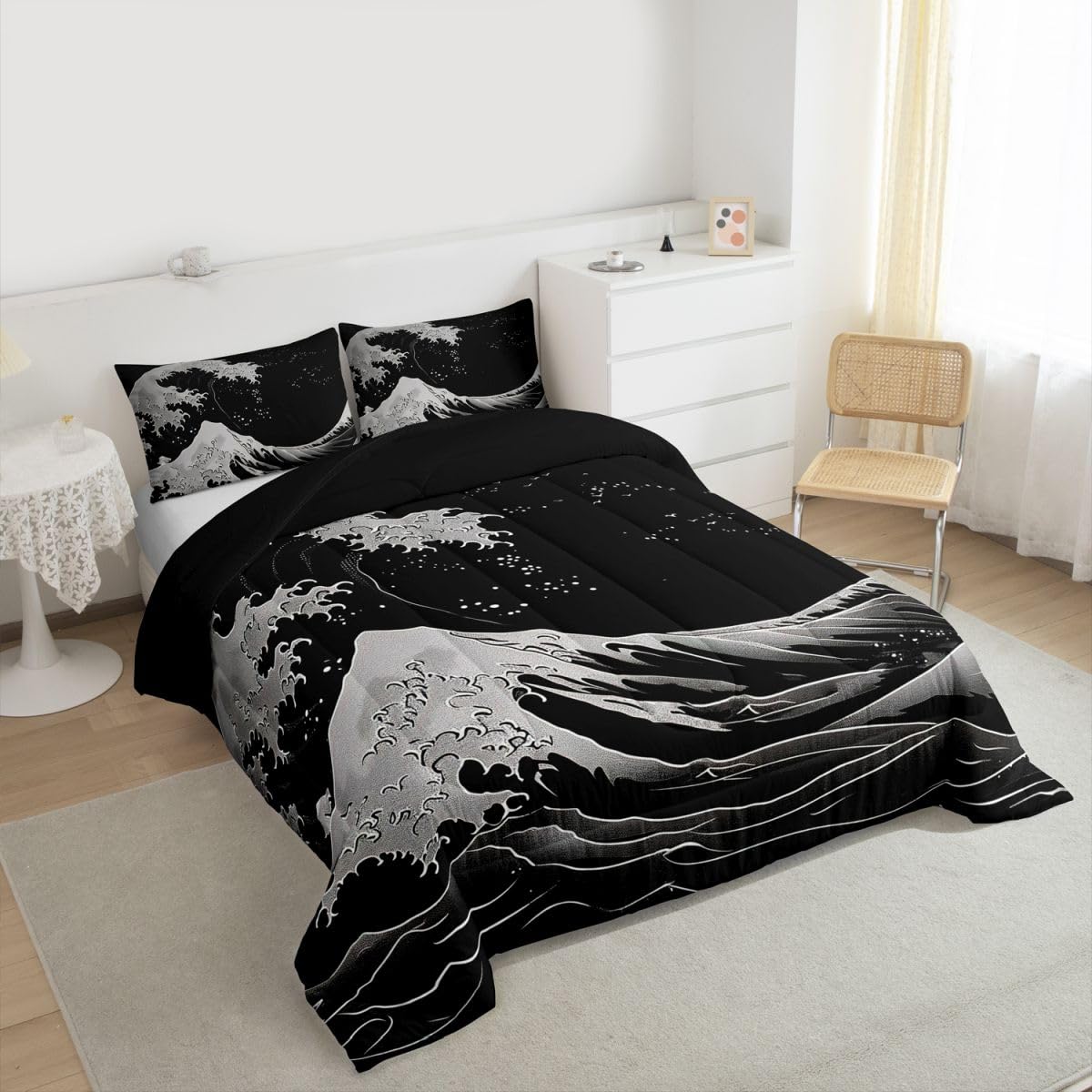 jejeloiu Black and White Wave Bedding Set Soft for Boys Girls, Ocean Wave Comforter Set Queen Size Japanese Style Duvet Quilt Microfiber Abstract Bedroom Decor 3 Pcs with 2 Pillow Cases