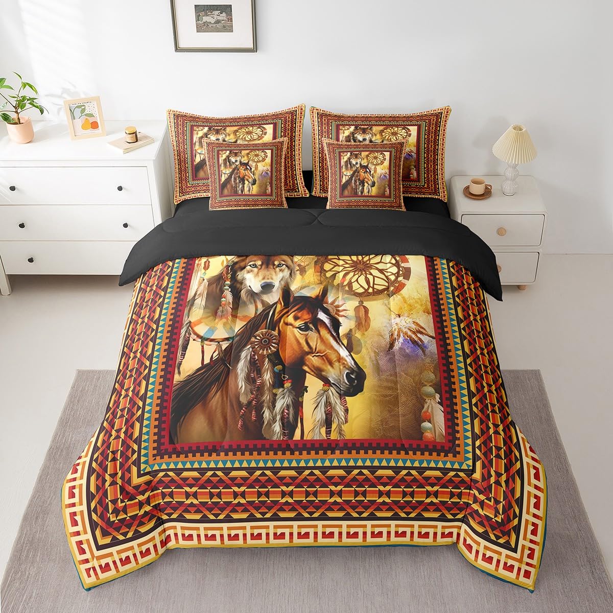 Erosebridal 7 Piece Brown Horse Bed in a Bag Twin Boho Exotic Aztec Sheet Set for Boys Girls Rustic Farmhouse Bedding Comforter Bohemian 3D Wild Animal Dreamcatcher Decor Cushion Covers