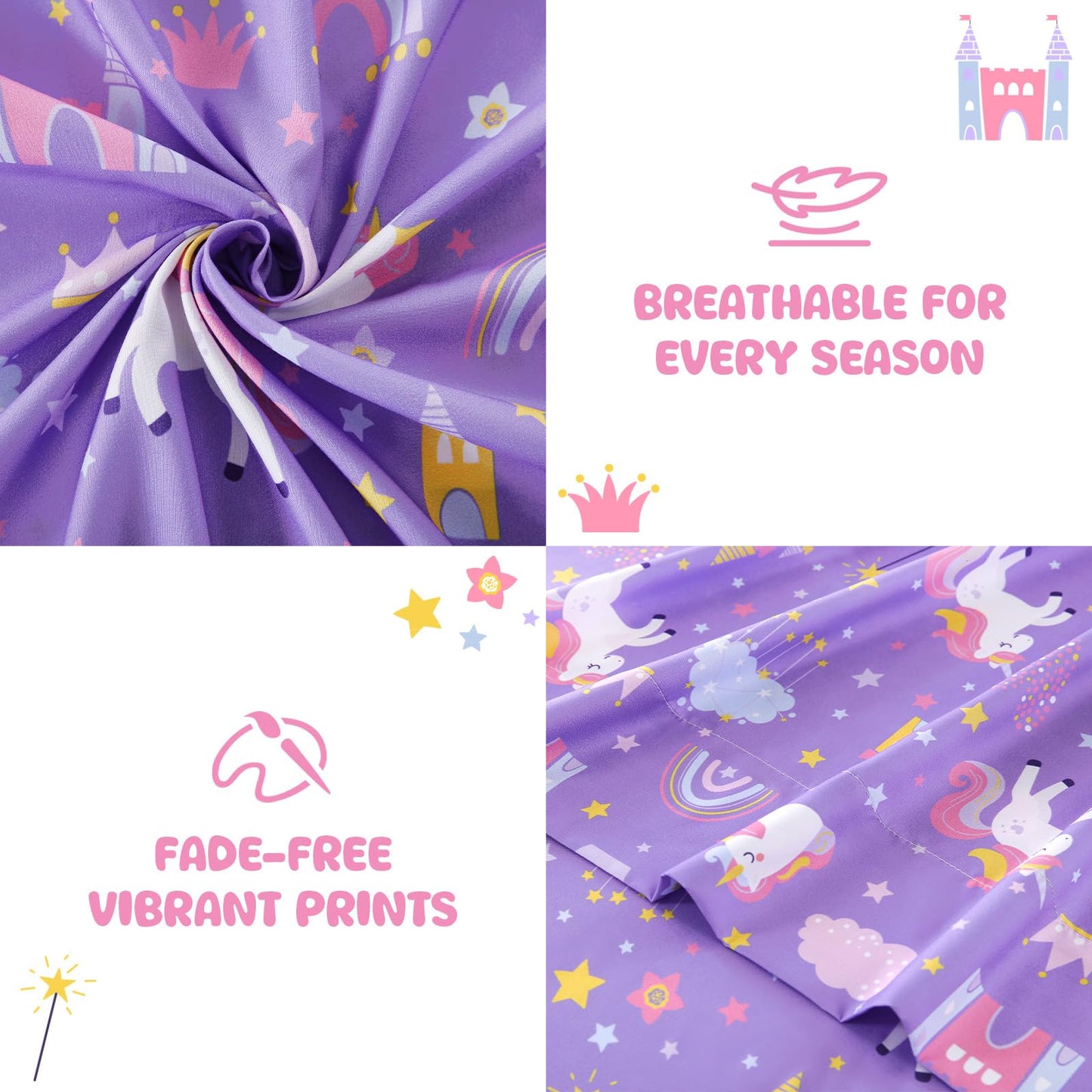 MICORAL Kids Twin Sheet Set Dinosaur, 3 Pieces Unicorn Purple Sheets for Boys & Girls, Soft Printed Microfiber Bed Sheets, Deep Pocket Cozy Toddler Bedding Set