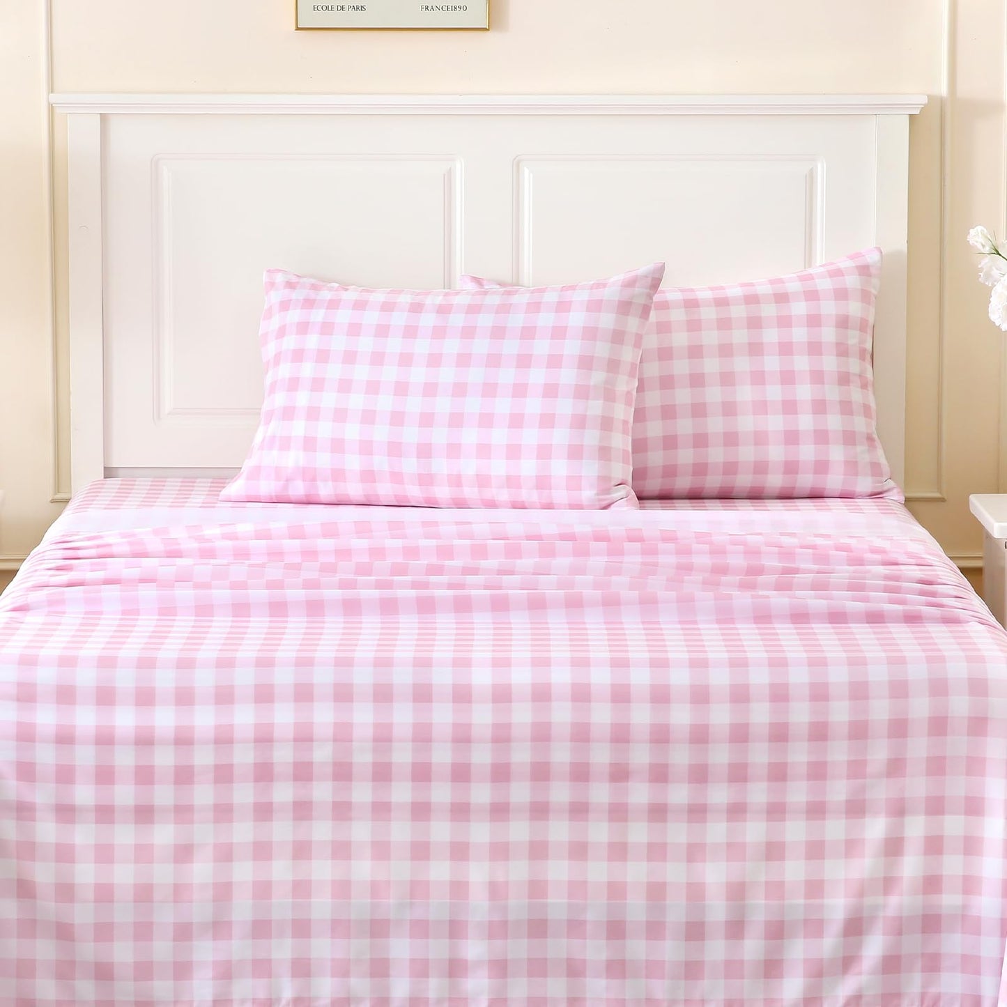 MICORAL Queen Sheet Set Pink Gingham Plaid, 4-Piece Brushed Microfiber Cute Grid Bed Sheets, 16" Deep Pocket, Ultra Soft & Cooling Sheet, Oeko-TEX Certified, Light Pink