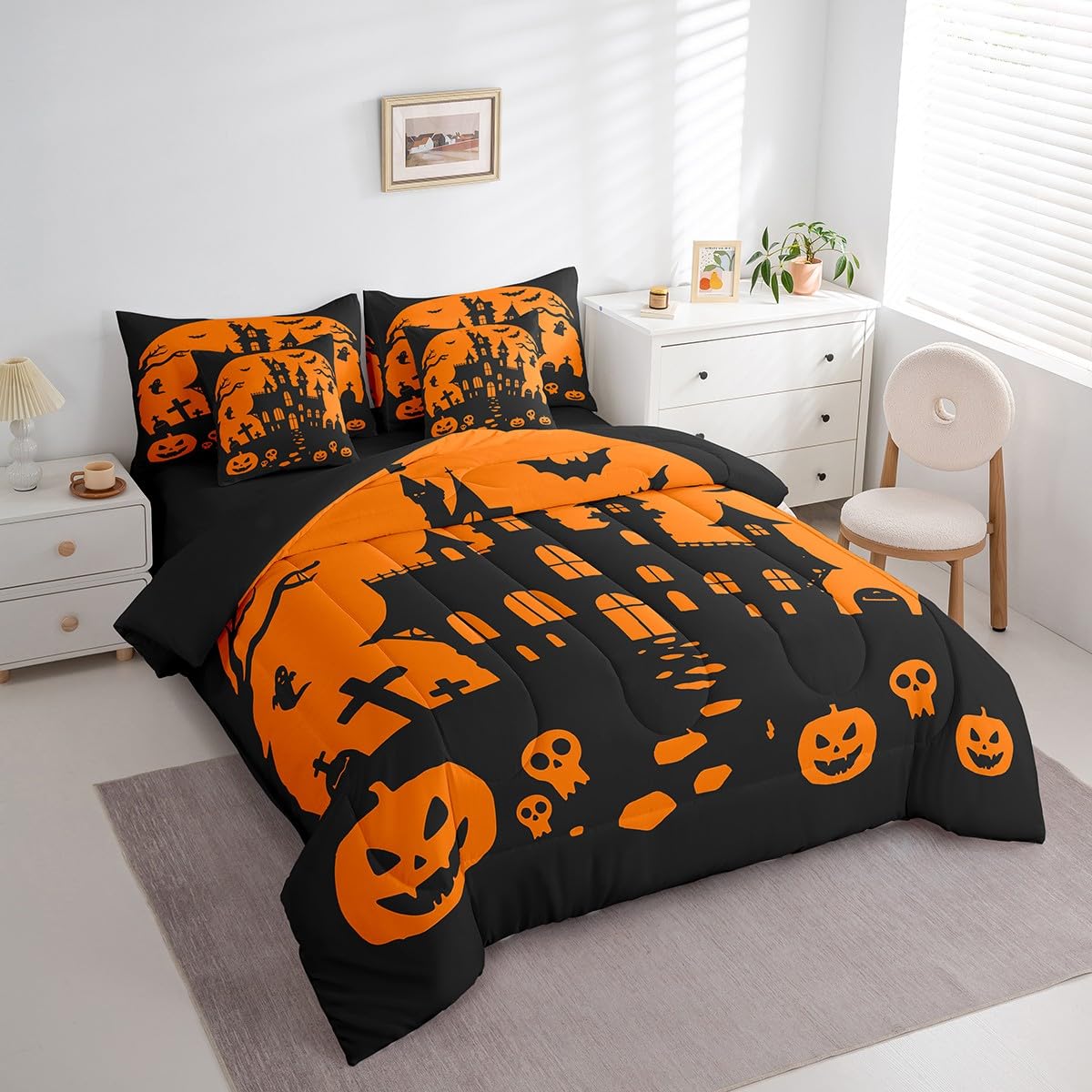 Feelyou Halloween 7 Piece Bedding Set Twin Size Pumpkin Comforter Set with Sheets for Kids Boys Girls Teens Bat Bed in a Bag Horror Castle Bed Set