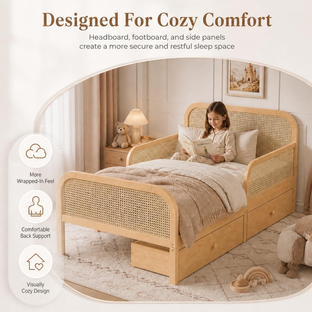 Duxelifin Full Kids Bed Frame with Storage Drawers,Rattan Wood Platform Bed with Headboard & Footboard, Low Profile Boho Daybed, No Box Spring Needed, Full Size Bed Frame for Boys Girls，Natural