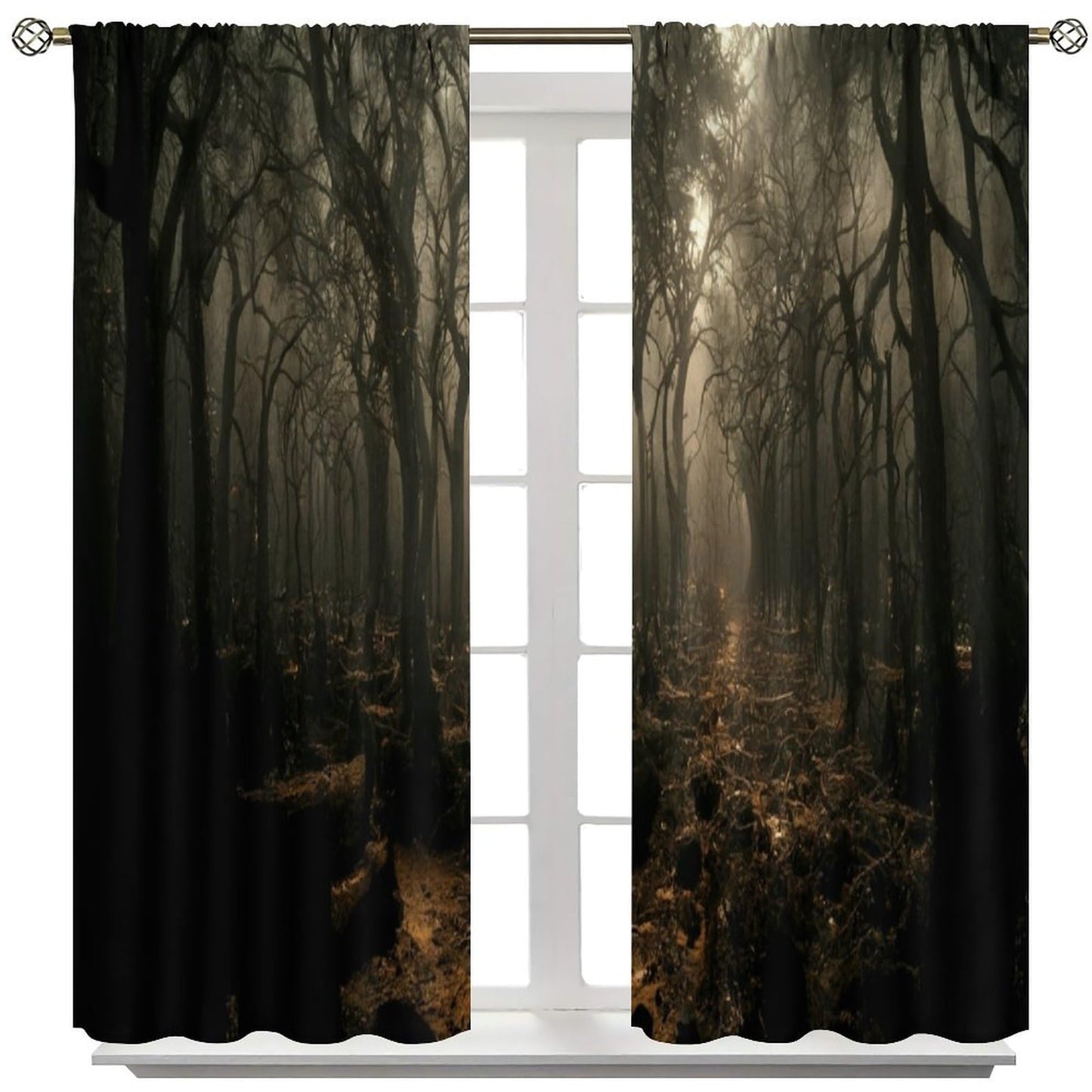 SHElifestyle Gothic Curtains - Mysterious Foggy Horror Dark Wood Halloween Forest Fireflies Window Drapes for Bedroom and Living Room, W42 x L45
